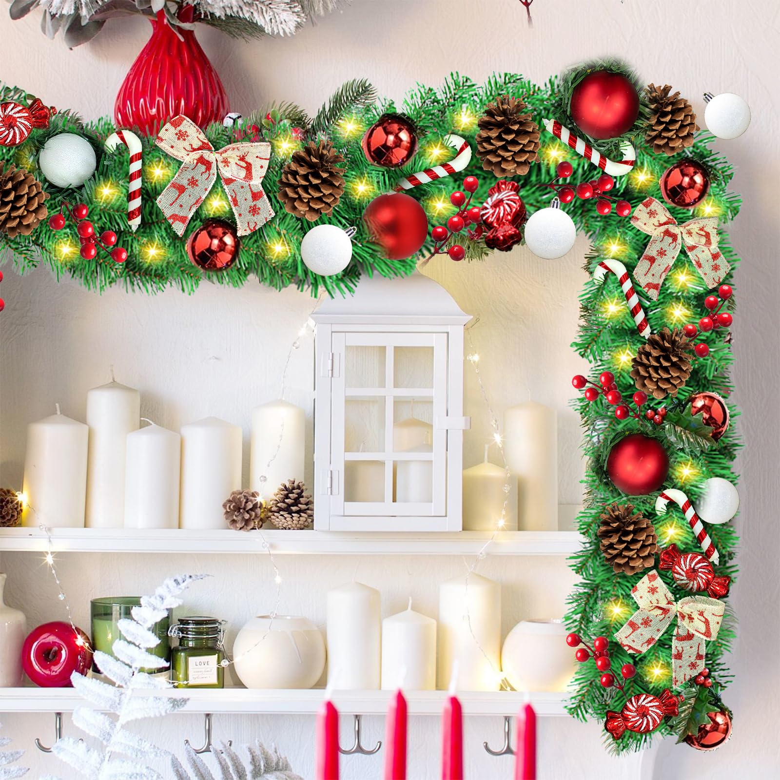 EHOTER Guirlande De Noël Avec Lumières LED, Guirlande Artificielle Pré-éclairée à Piles Pour Décoration De Noël, Escaliers, Mur, Porte, Intérieur Et Extérieur (jaune