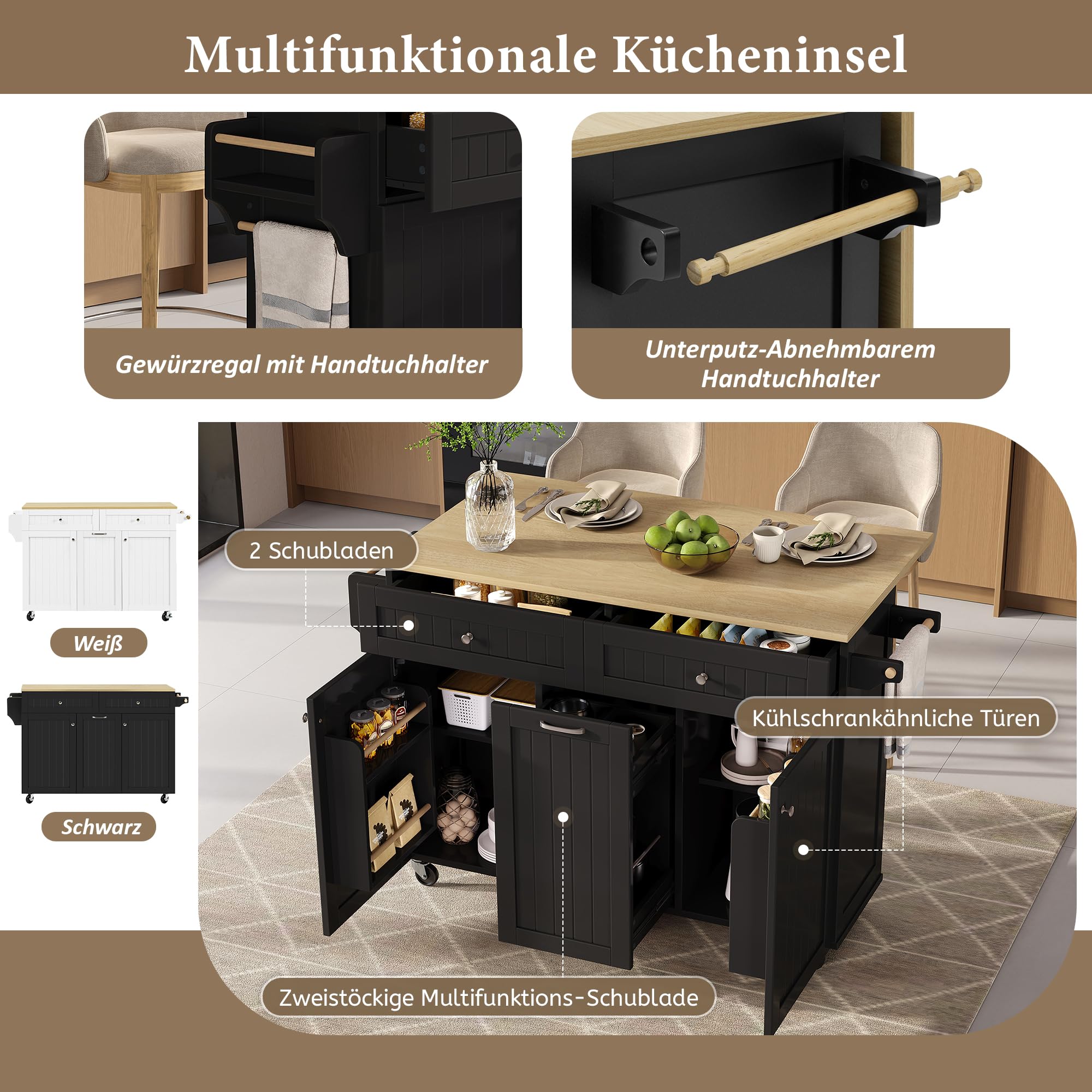 Isola da cucina mobile, carrello da cucina, tavolo da pranzo estensibile, armadio da cucina con ripiani regolabili a strati, scaffale per spezie e vari cassetti, 5 ruote, 140 x 40-70 x 92 cm