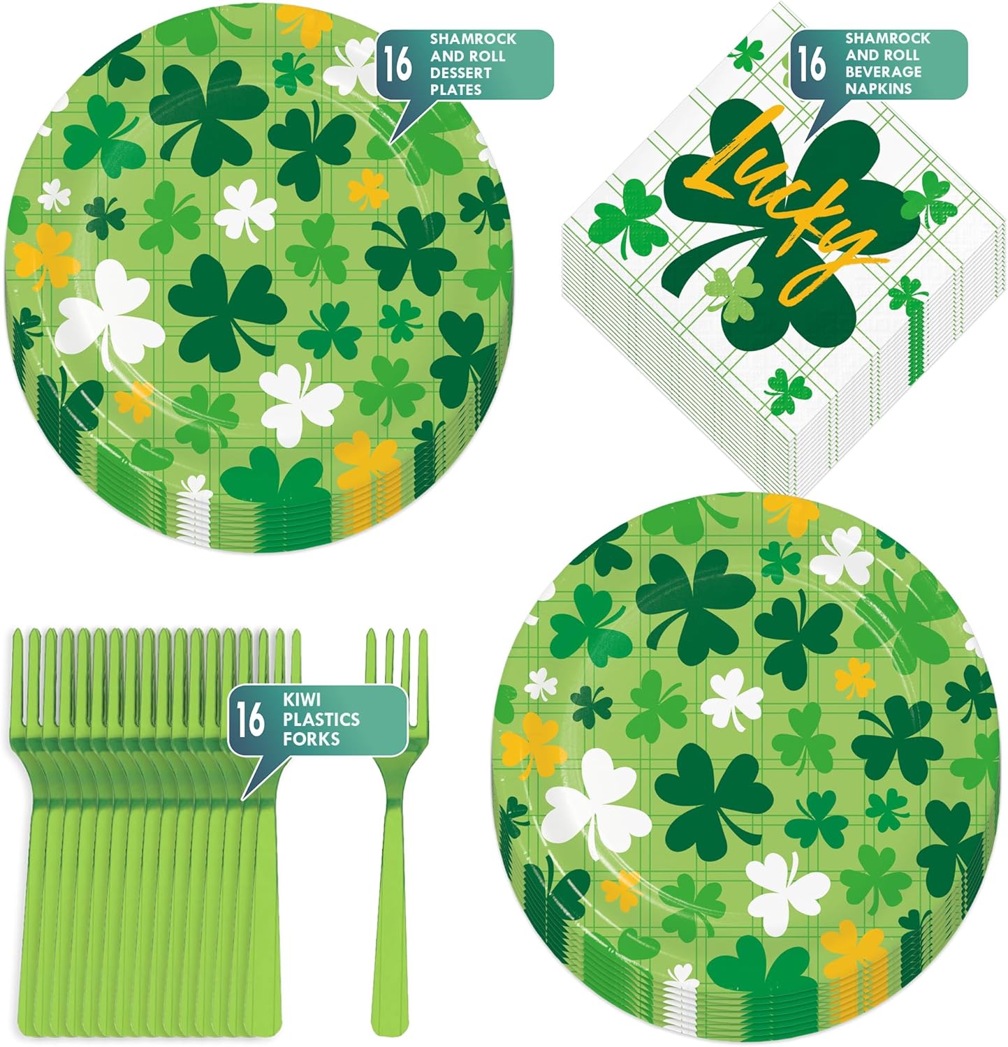 St. Patrick's Day Party Dark Green & Yellow Shamrock Round Paper Dessert Plates, Beverage Napkins, and Forks (16 Plates, Napkins, & Forks) - Image 2
