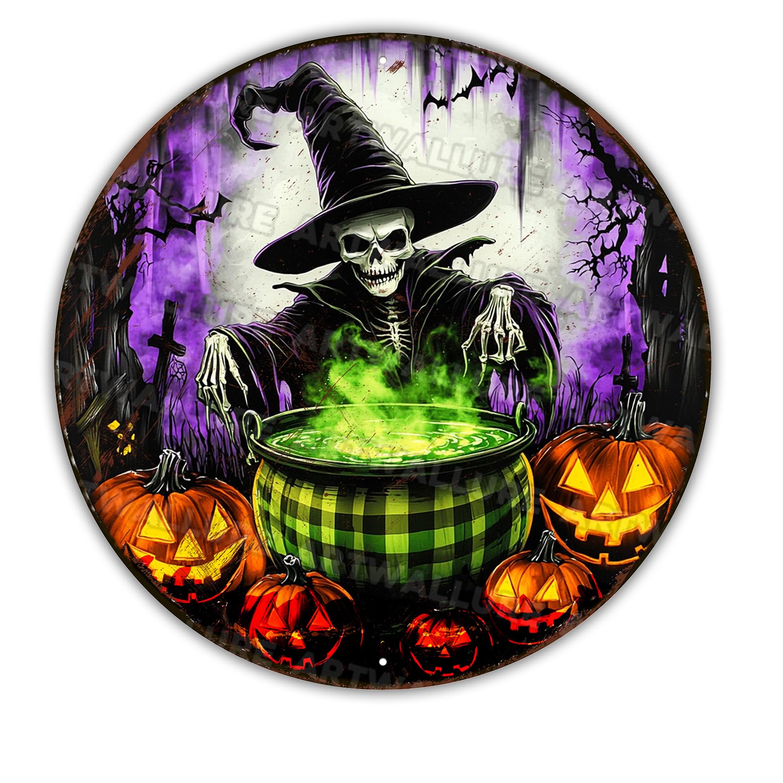 Round Halloween Spooky Skeleton With Witch Hat Wreath Vintage Sign Halloween Pumpkin Metal Tin Sign for Home Bar Kitchen Hotel Dining Room Coffee 12x12inch