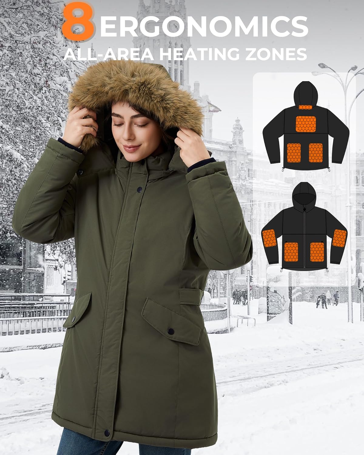 Graphene Long Heated Jacket for Women with 18400mAh 12V Battery Pack, Womens Parka Coat with Faux Fur Detachable Hood - Image 3