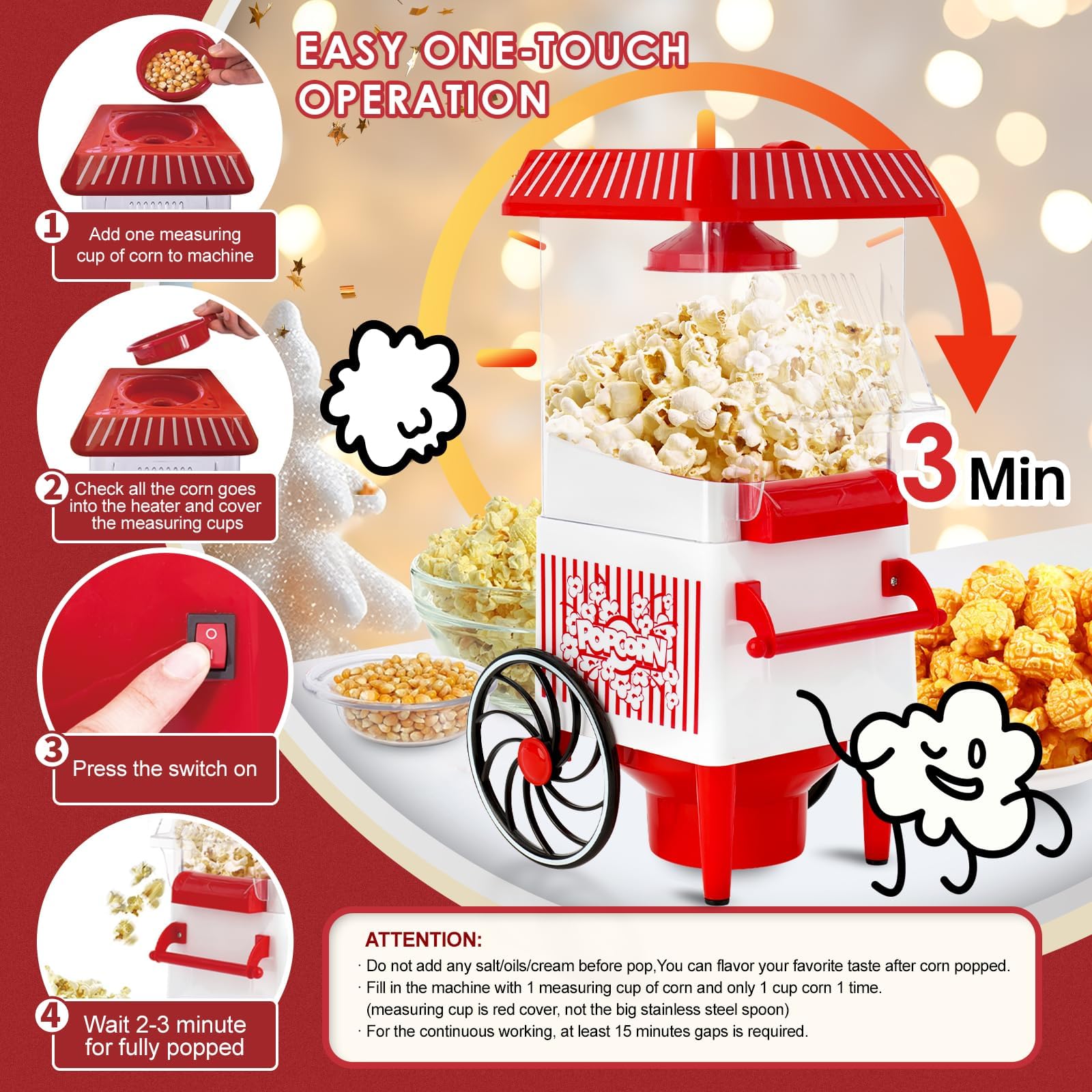 Macchina per popcorn, kit per popcorn ad aria calda, scatola regalo, macchina portatile per popcorn casalinga, 10 tazze, senza olio, stile retrò, compatta e carina