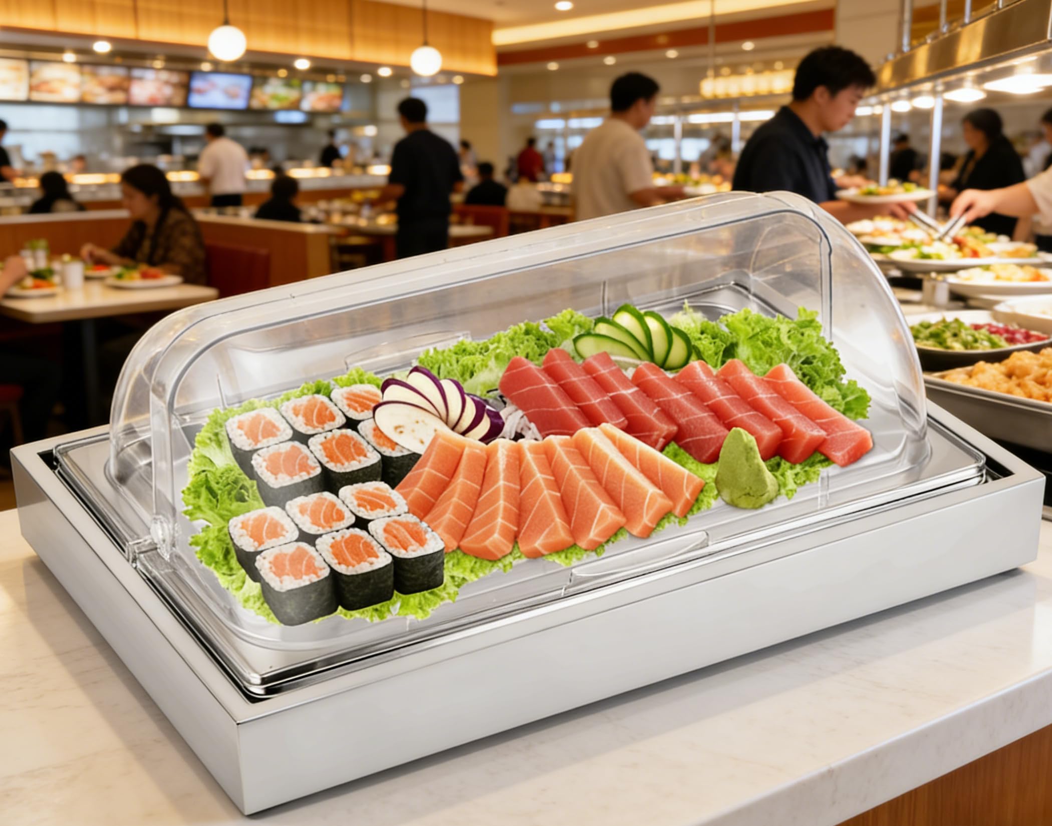 Ice Food Serving Display Tray with Clear Roll Top Cover Buffet Cold Serving Cooler Platter w/ 2 Ice Packs Cooling Food Dishes Display Plate Case with Lid for Seafood Fruit Party Buffet Tray