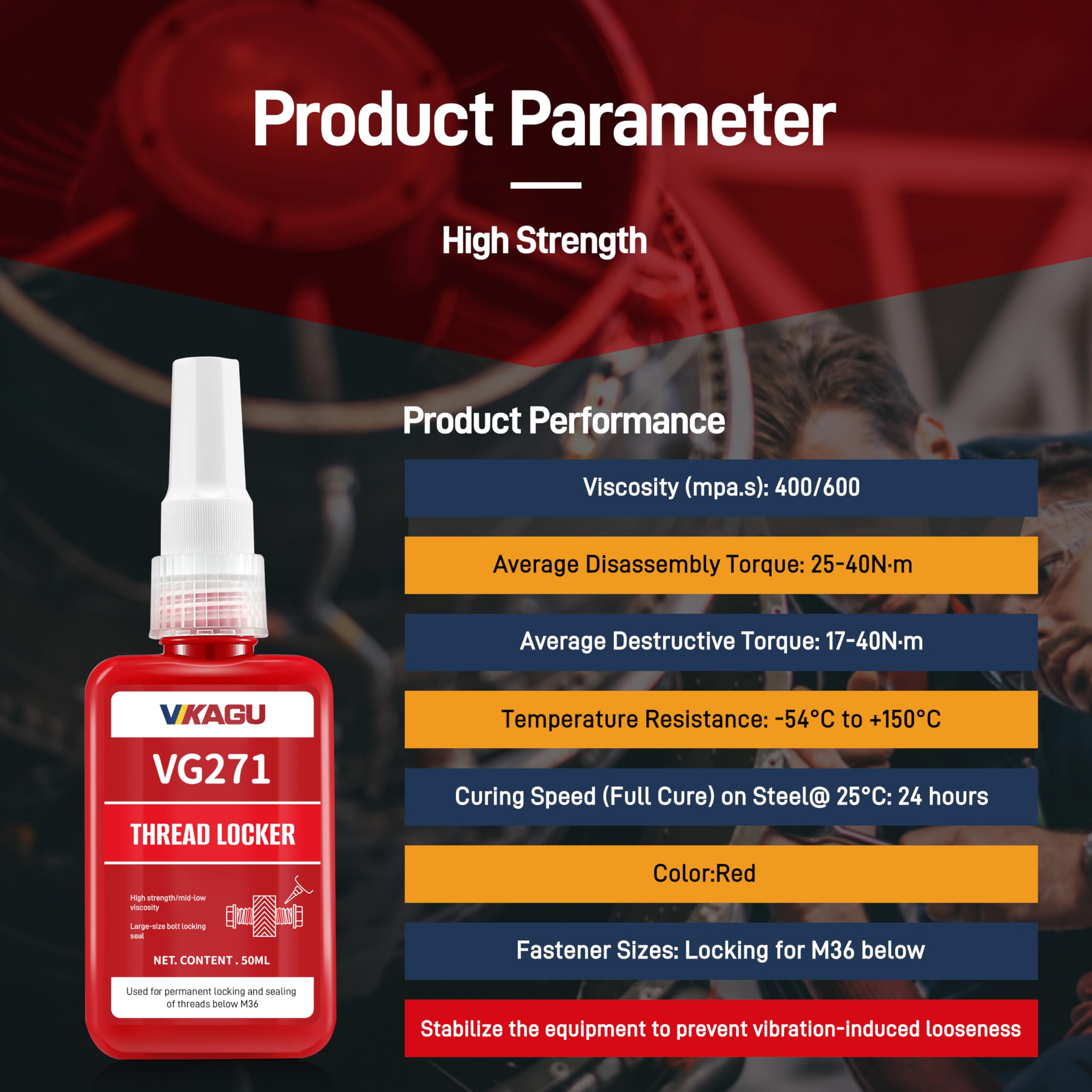 VIKAGU 271 Thread Lock, Red High Strength Threadlocker - Anaerobic Adhesive for Bolts, Nuts, Screws | Quick Cure,1.69Oz/50ml