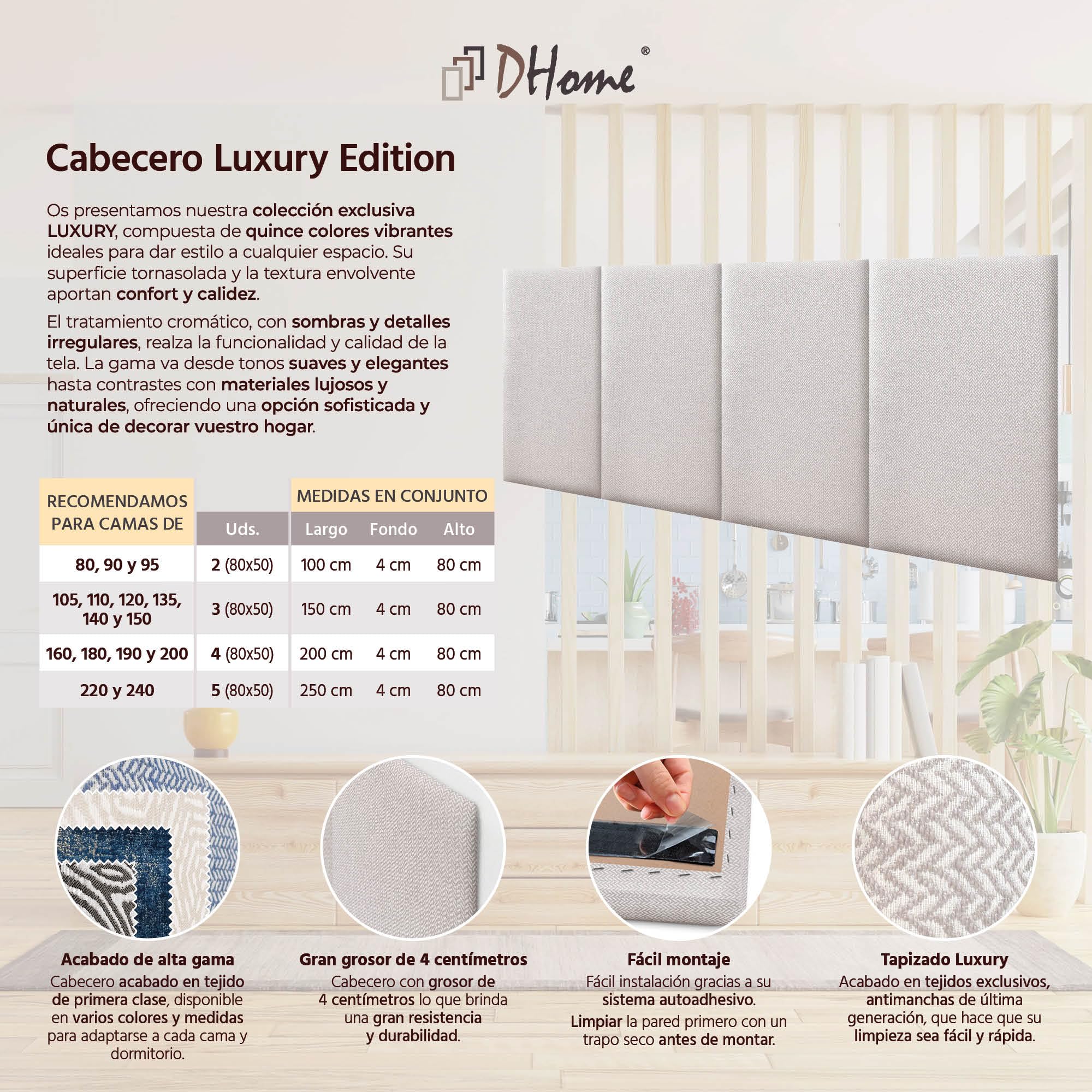 DHOME Cabecero Tapizado en Tejido Luxury Antimanchas Diseño Modular Vertical Autoadhesivo Cabezal Cama Dormitorio Acolchado (Espigas Beige, 100cm, Altura 80cm, x3)