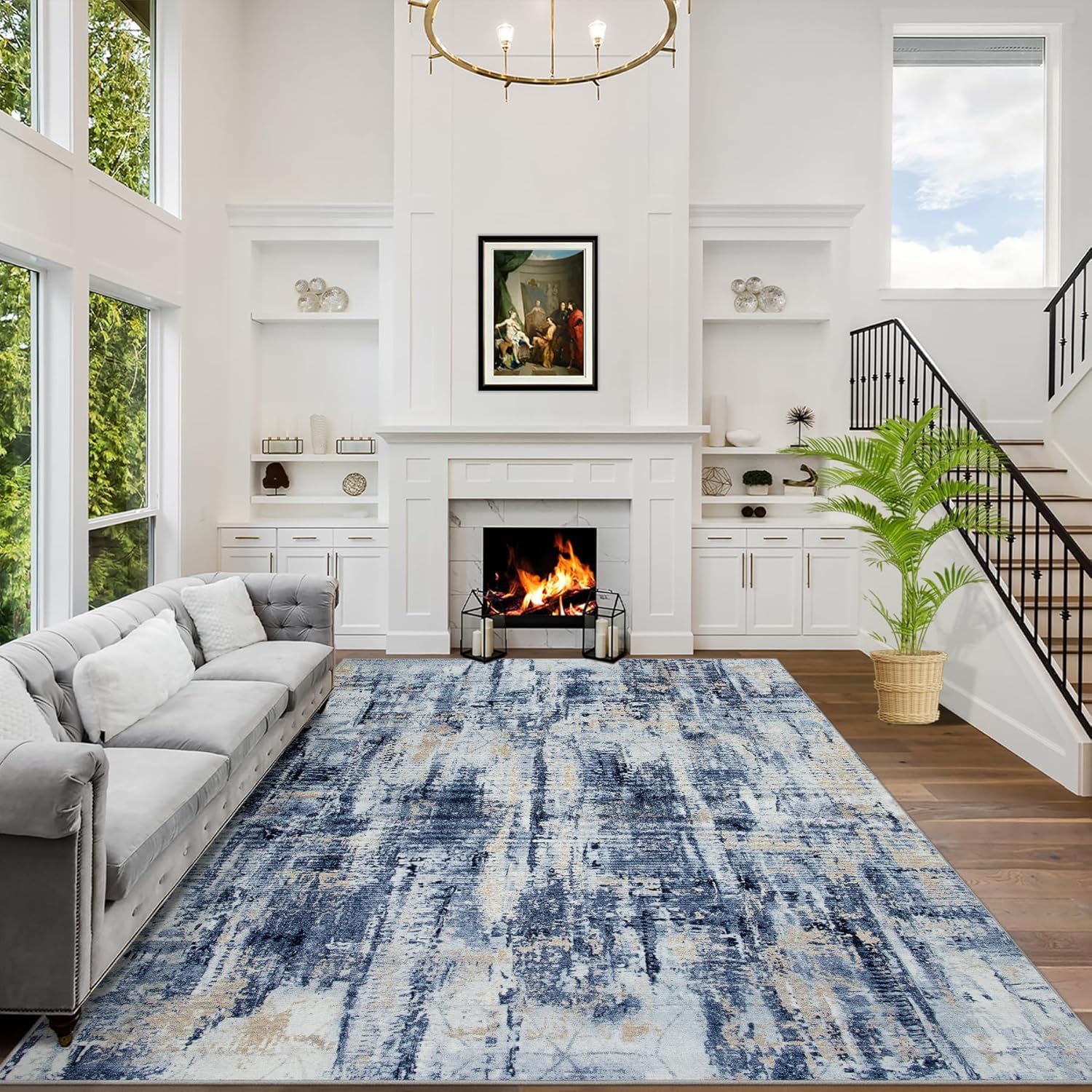 Tapis salon grande taille 160x230cm lavable antidérapant bleu abstrait moquette chambre