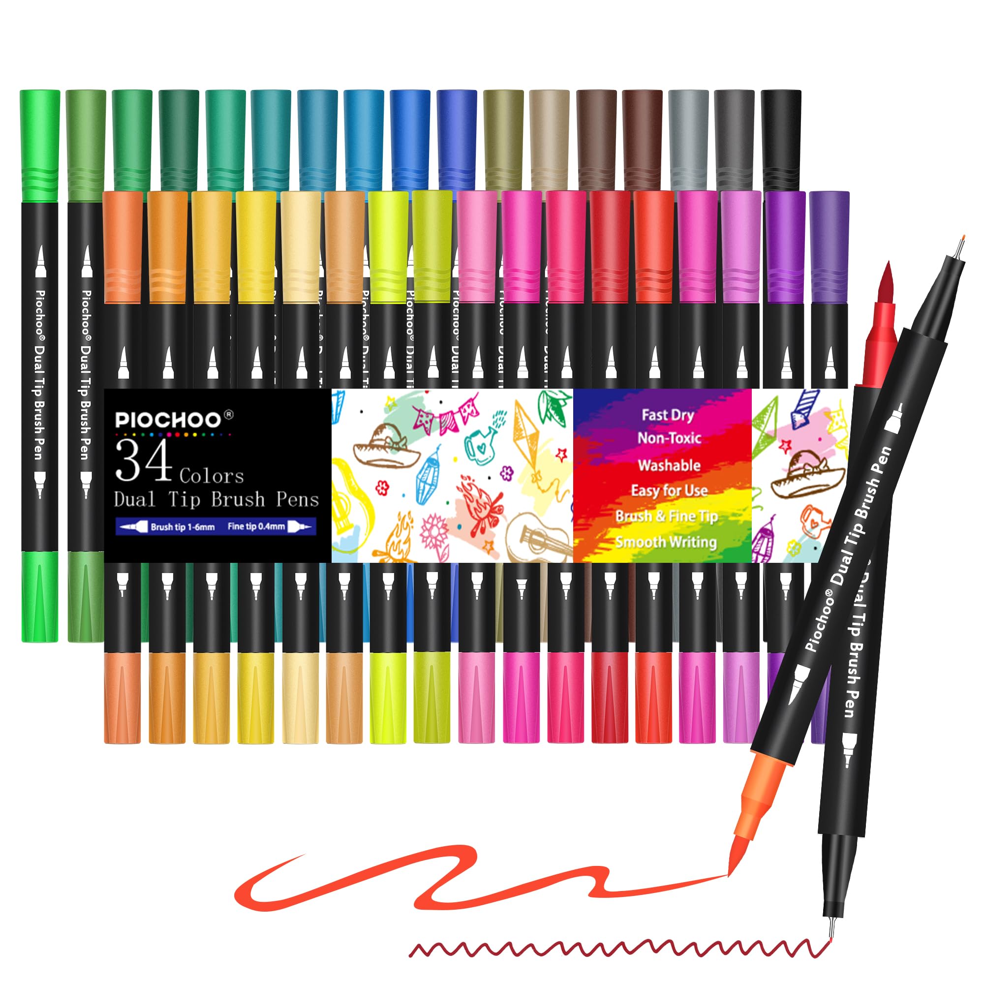 Piochoo Coloring Markers Pens, 34 Dual Tip Brush Pens, Fine Point Marker set for Adult Co…