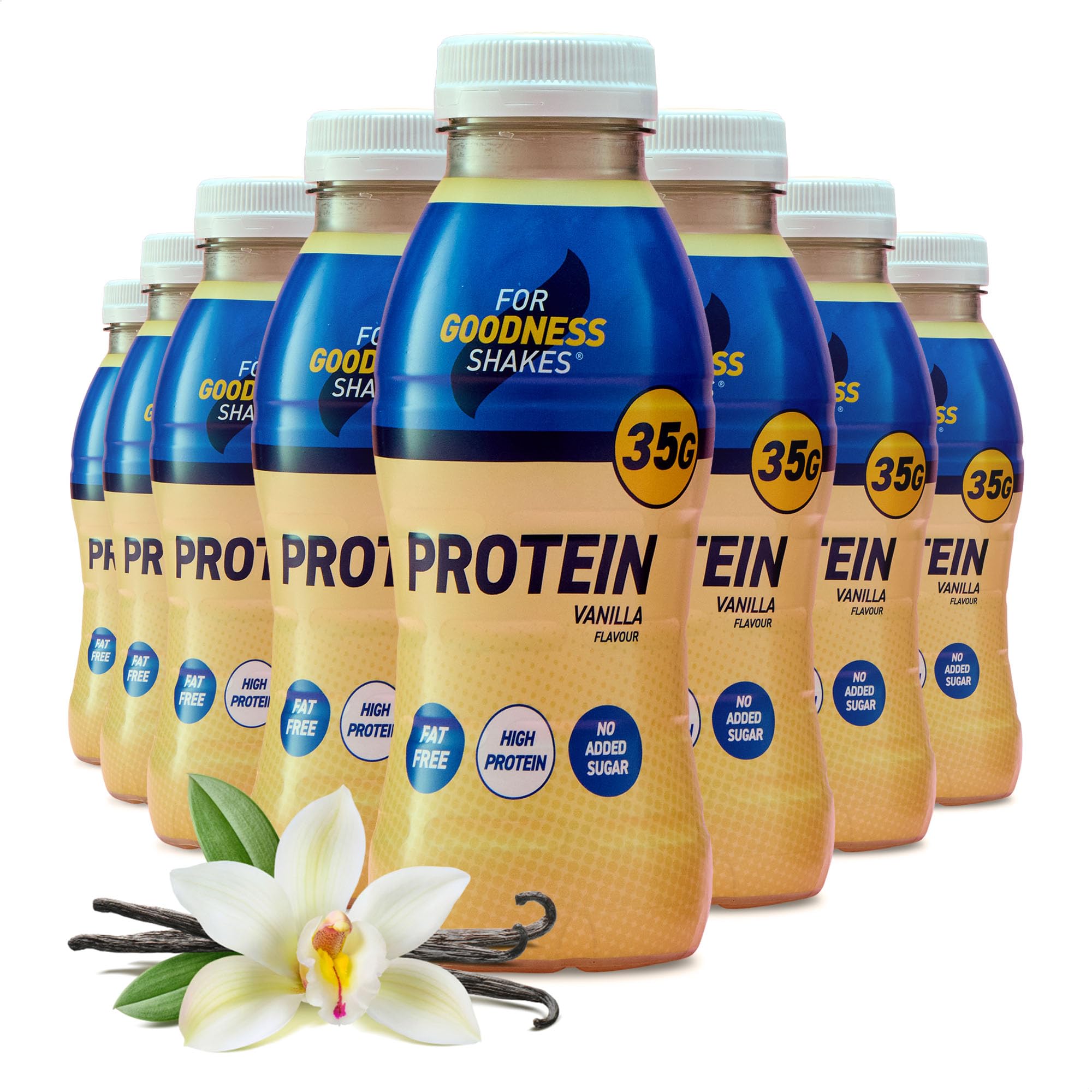 For Goodness Shakes Vanilla Protein Shakes, 35g Protein, High Protein, Fat-Free, Ready-To-Drink, No Added Sugar, Gluten-Free, Pre & Post Workout, 8 x 330ml