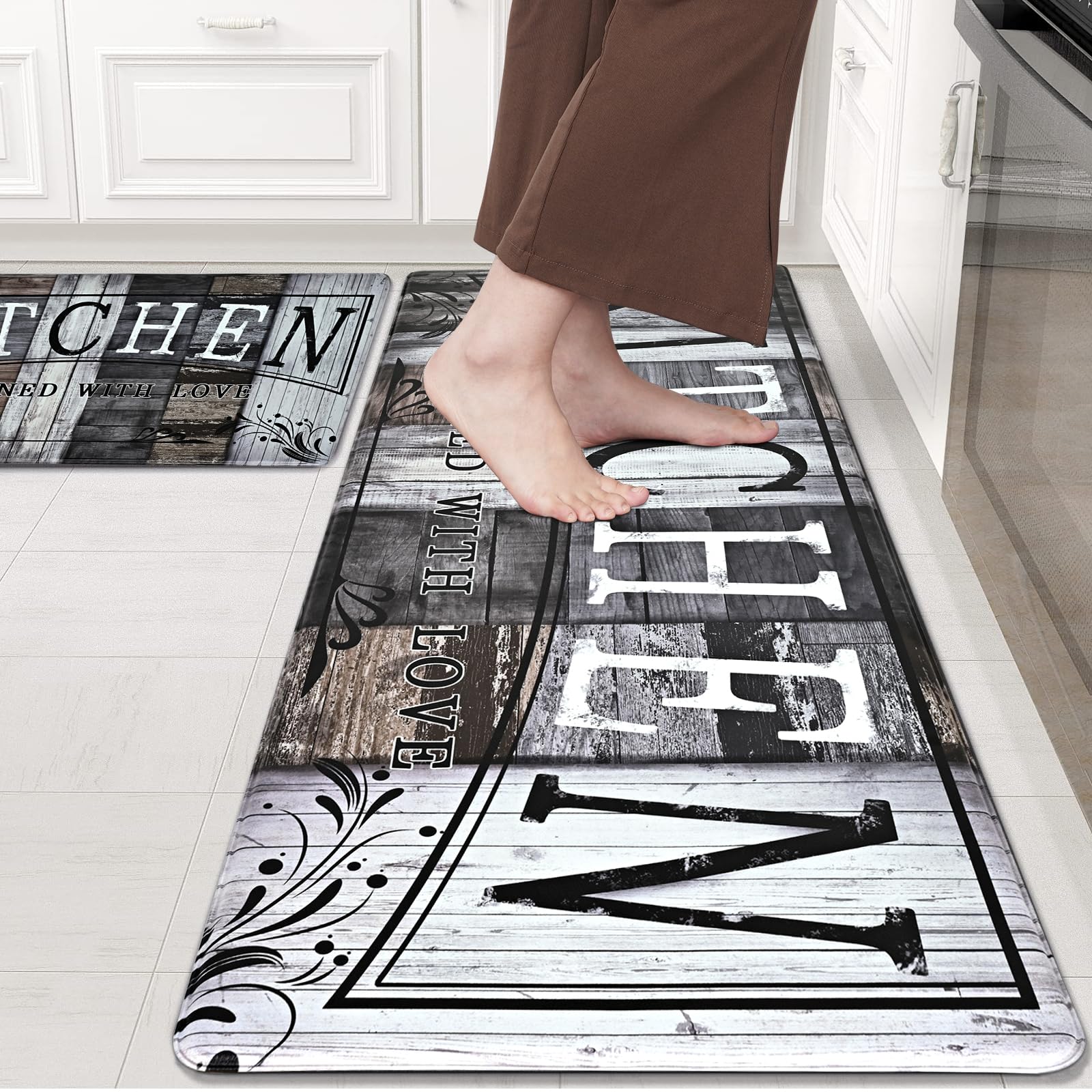 Yugarlibi Alfombra de cocina de PVC, 2 unidades, antideslizante, lavable, alfombra de cocina, 10 mm de grosor, antifatiga, impermeable, resistente al aceite, suave, para cocina, comedor, pasillo, 44 x