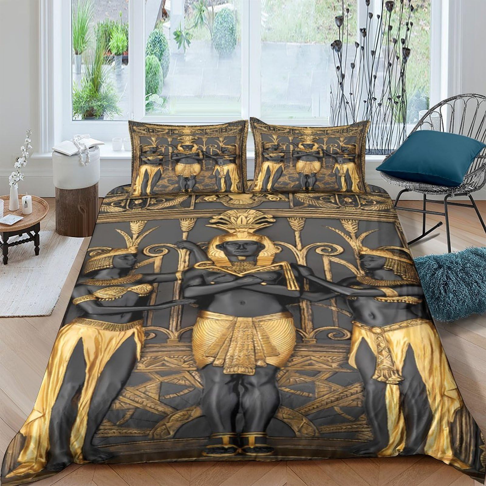 Ctjqhvkz Style-4 3D Printed Egyptian Pharaoh Fitted Sheet Microfiber Gold Black Goddess Pattern Mattress Cover For Bedroom Dorm Mattress Protection Decor Single（135X200cm）