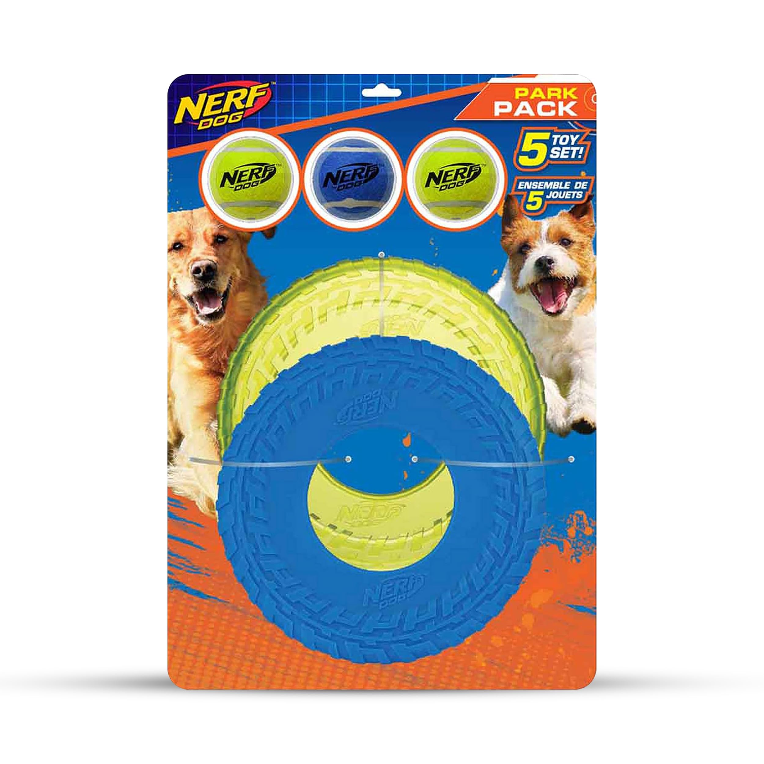 Nerf Dog Juego de Regalo de 5 Piezas para Perros, Incluye Pelota de Tenis chirriante de 2.5 Pulgadas, Paquete de 3, Volante de neumáticos TPR translúcido de 10 Pulgadas y Volante de neumáticos TPR de