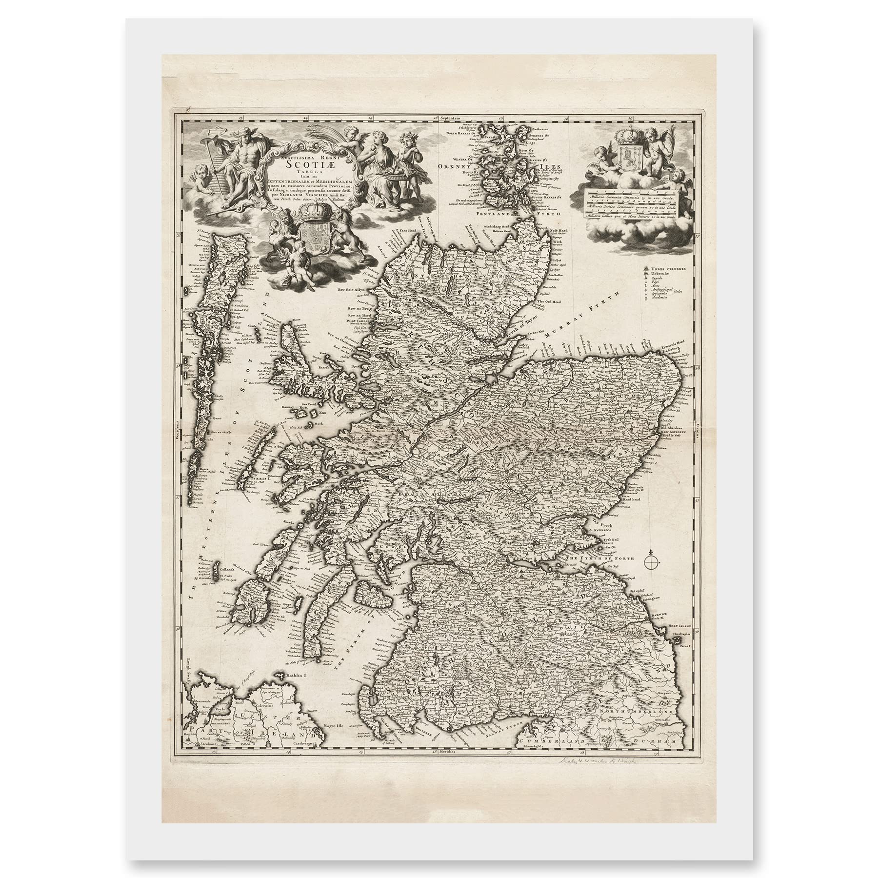 Visscher 1689 Antique Pictorial Map Kingdom Scotland UK Artwork - Framed Wall Art Print A4