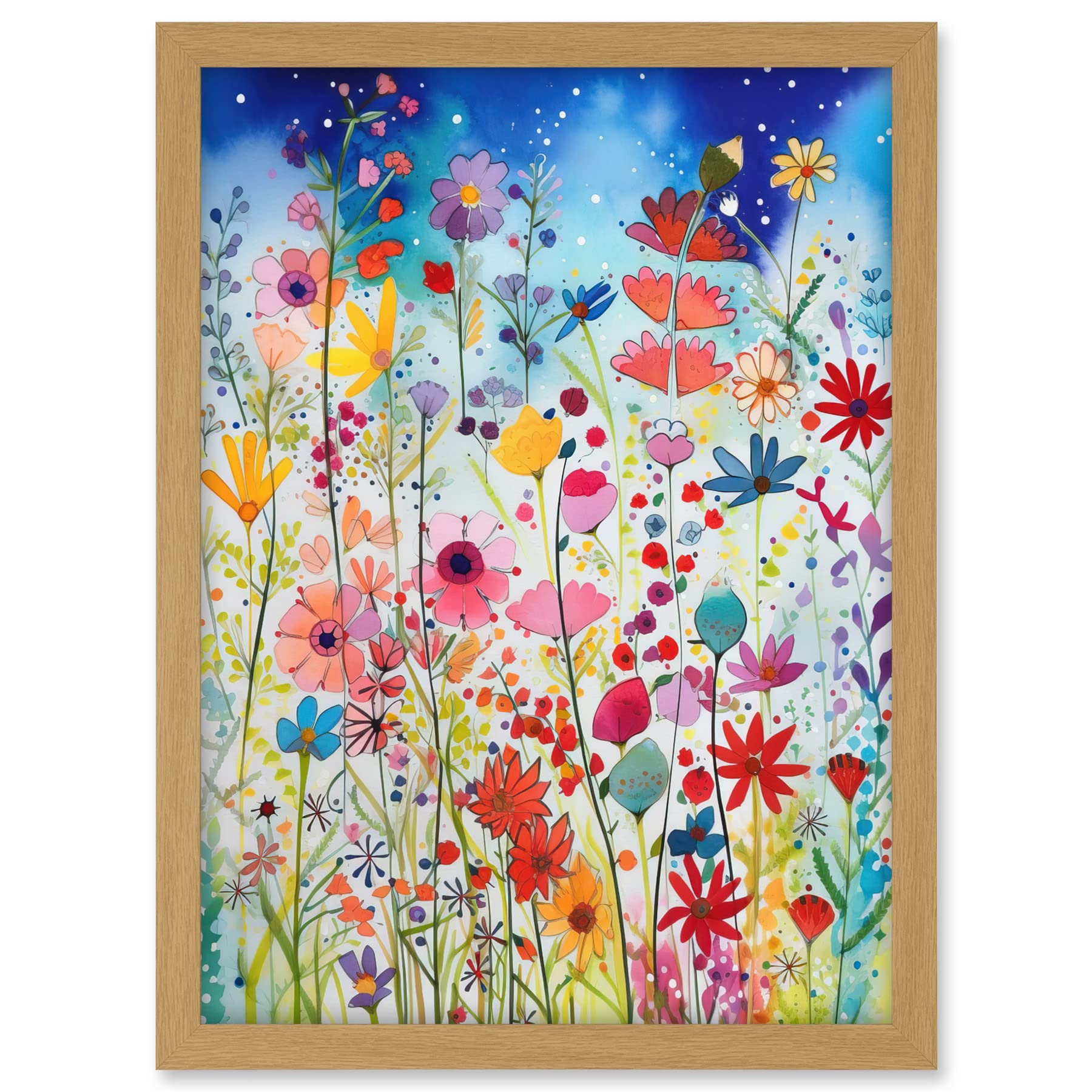 Artery8 Summer Wildflower Meadow Folk Art Artwork Framed A3 Wall Art Print