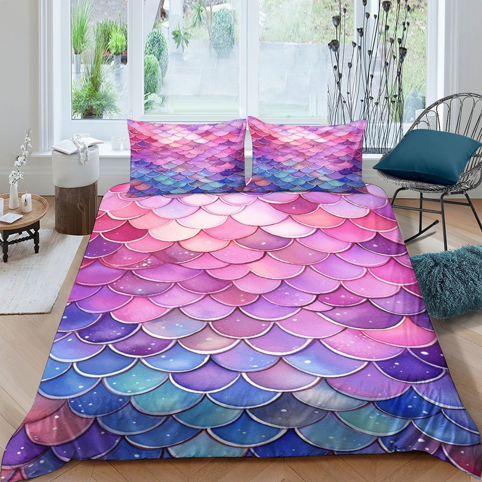 Housse de couette sirène 200x200 imprimé écailles de poisson avec taies d'oreiller
