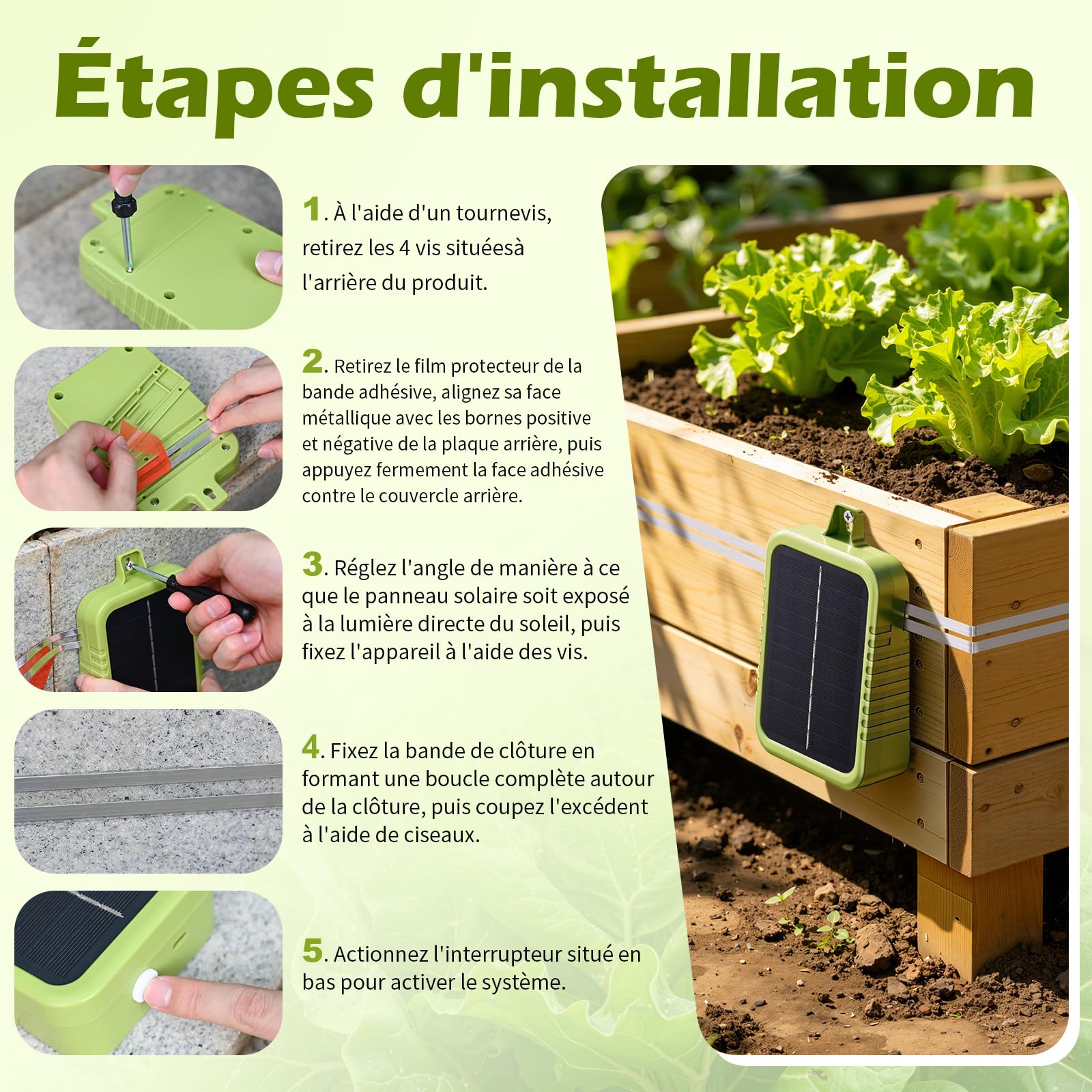 Kit de Clôture Électrique Anti-Limaces, Panneau Solaire 2W et Batterie Lithium Intégrée 2.4Ah, Appareil de Protection avec Bande de Clôture 12m et Accessoires Anti-Limaces, pour Jardins Protection