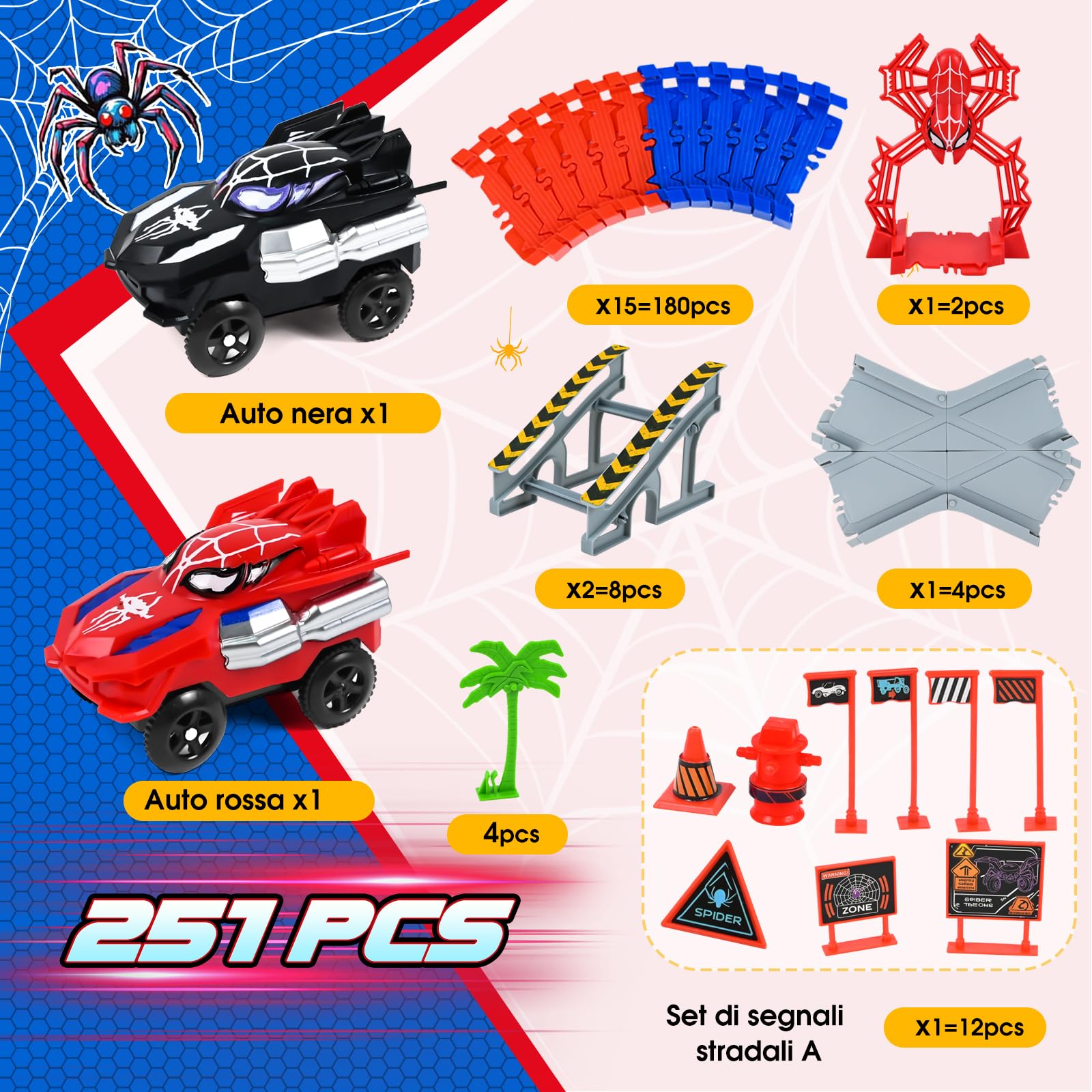 PATEMZON Circuit Voiture Enfant, Spider Railcar, Jouet de Circuit Automobile avec 2 Voitures, 208 PCS de Piste de Course de Voitures, Jouets de Course Circuit pour Enfants de 3 4 5 Ans