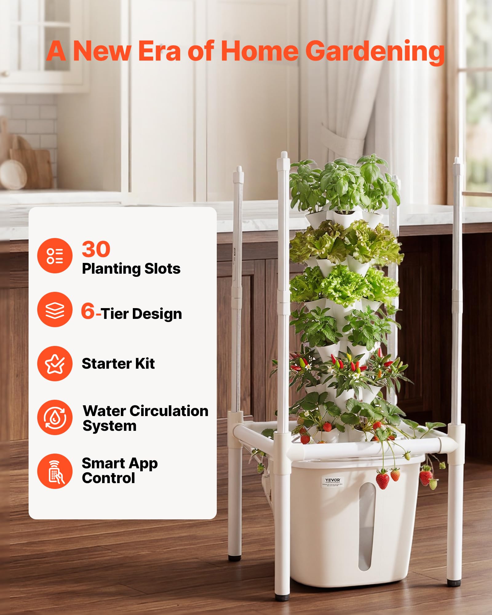 VEVOR Kit de Cultivo Hidropónico, Sistema de Torre Hidropónica, 6 Niveles y 30 Agujeros, con Luces LED Control de APP Bomba de Agua y Depósito de 20 L, Plantador Interior para Hierbas Frutas Vegetales
