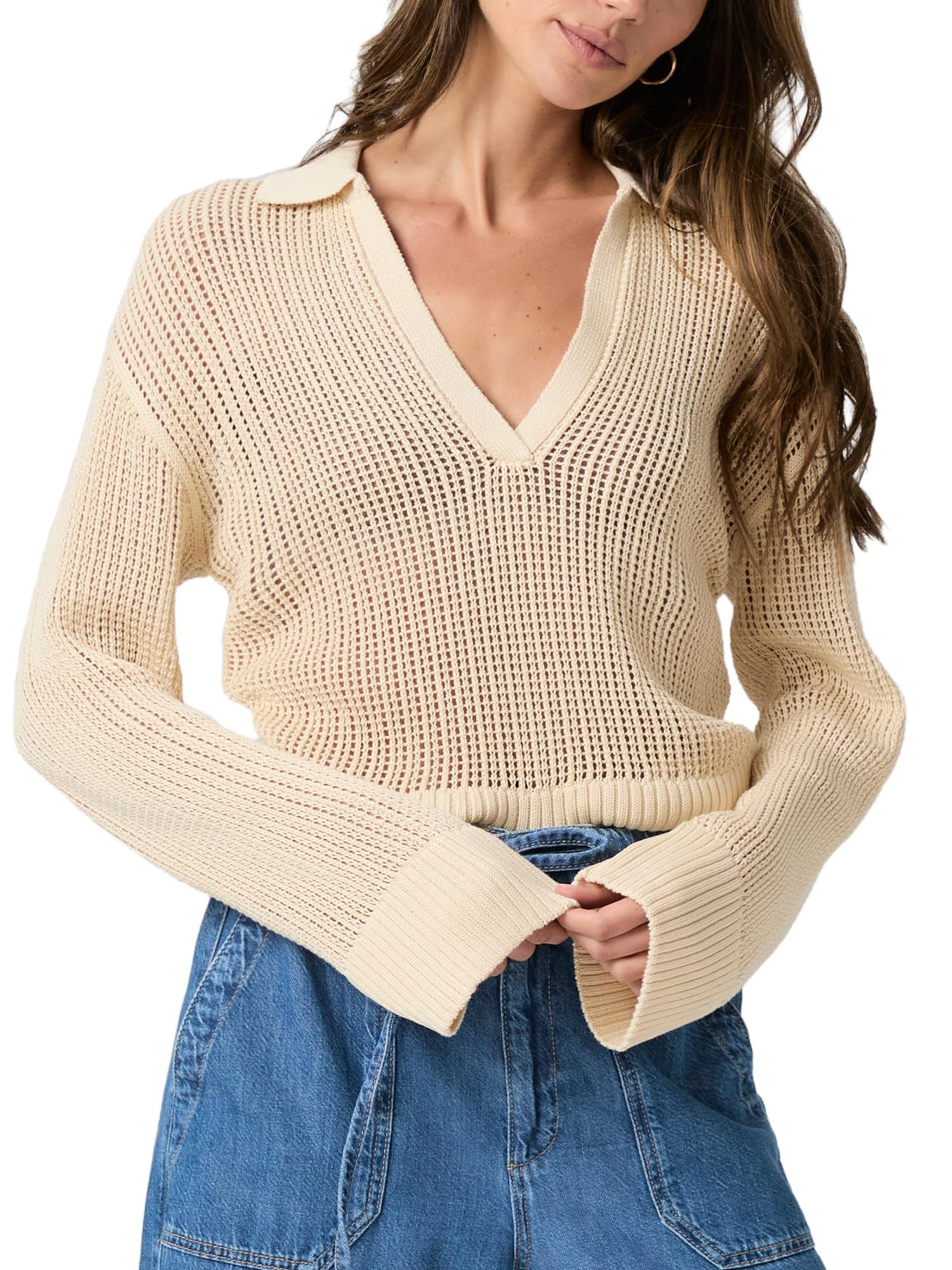 Womens Deep V Neck Cropped Pullover Sweaters Casual See Though Long Sleeve Lightweight Knitted Tops