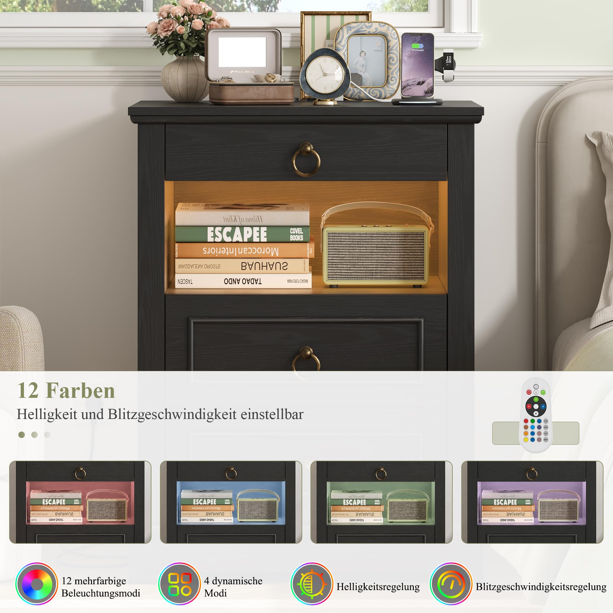 Comodini Camera da Letto, Stazione di Ricarica, Luce LED, Retro | 2 Prese AC e Porte USB, 47 x 40 x 66 cm, Cassettiera Camera da Letto, per Corridoio, Soggiorno, Bianco/Nero, Venature Legno