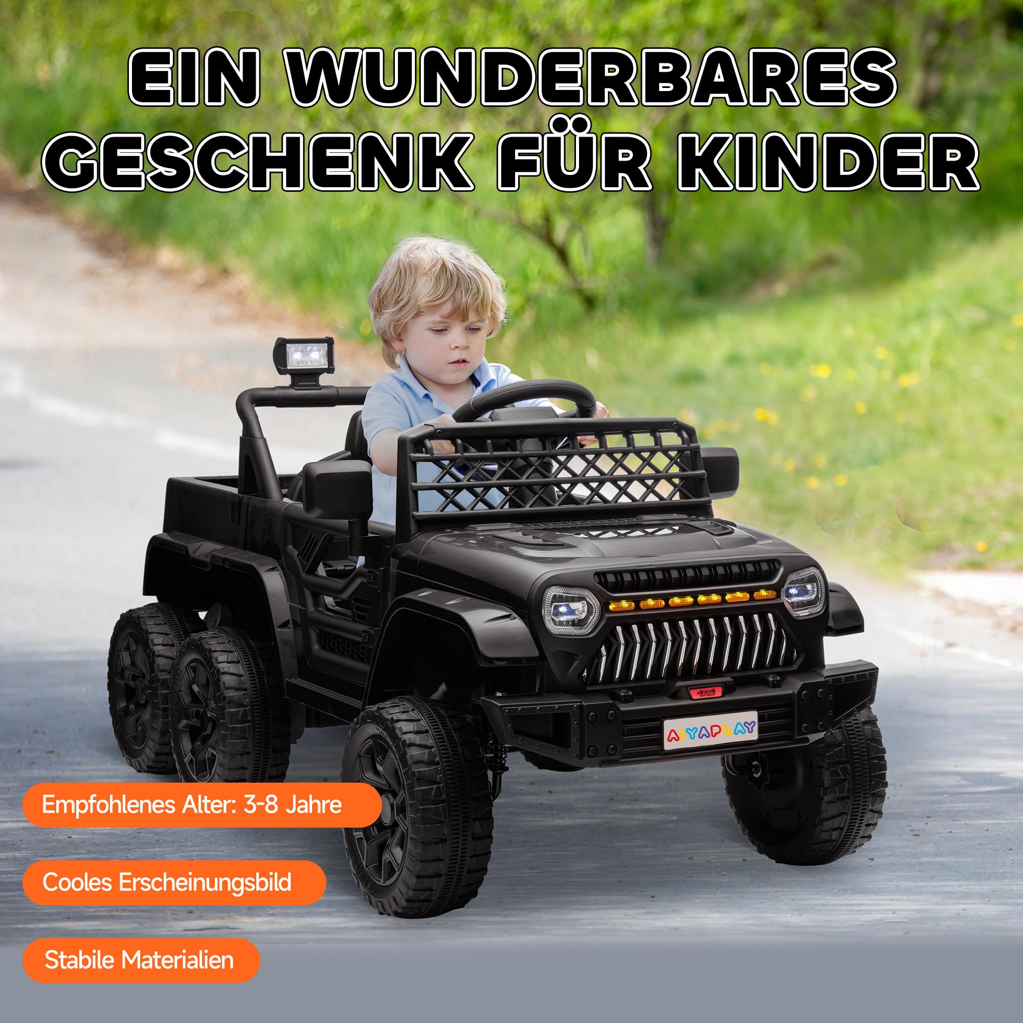 AIYAPLAY Kinder Elektroauto, 12 V Geländewagen mit 2,4G Fernbedienung， Anhänger, 4x4-Antrieb/2x2-Antrieb Kinderfahrzeug mit LED-Lichte, Sanft-Start, Musik, Hupe, 2,5-4 km/h, 3-8 Jahre, Schwarz