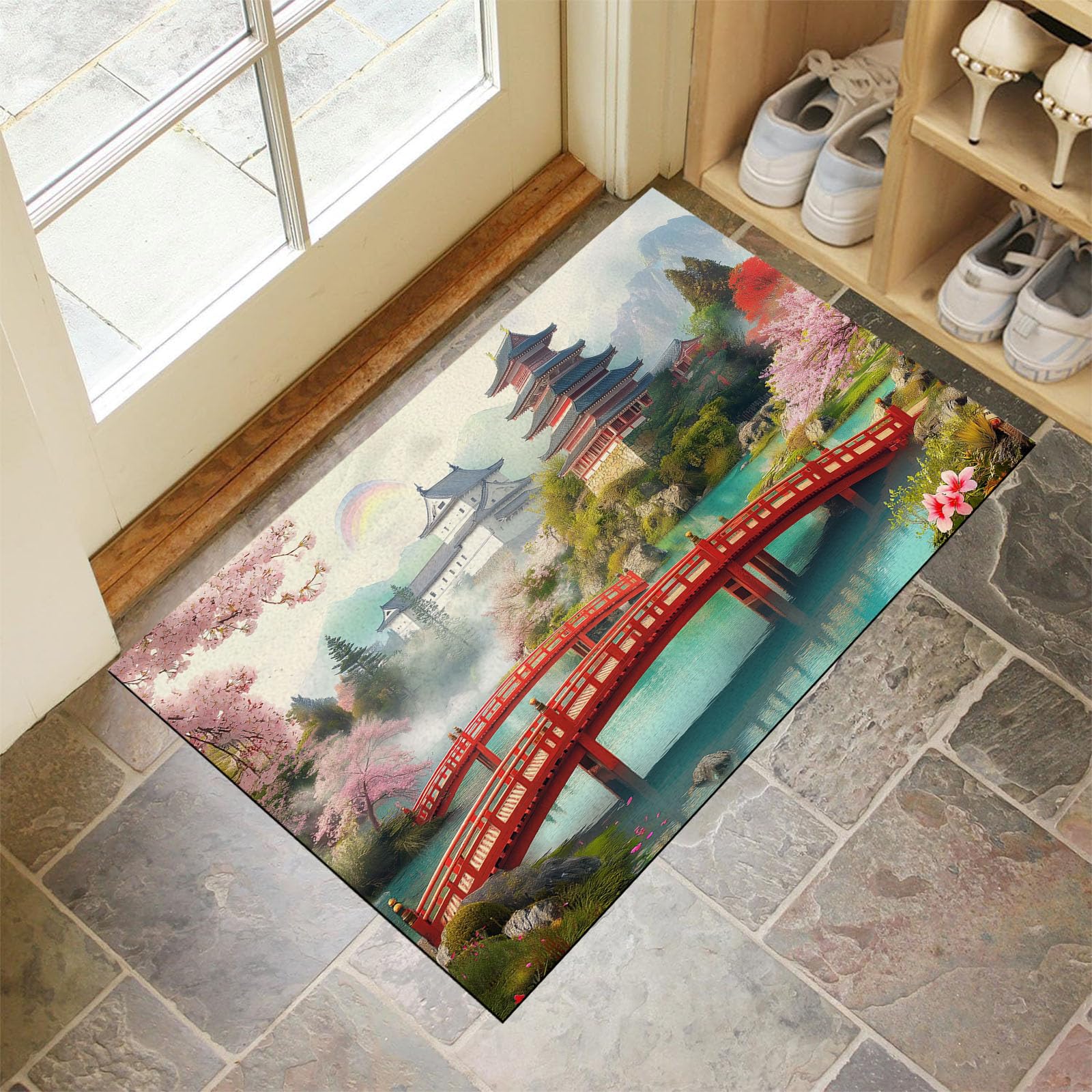 Paillassons pour entrée 60x120 cm Tapis de Porte Jardin Japonais Interieur Tapis Fleurs Cerisier En Pleine Floraison Antidérapant Absorbant, Facile à Nettoyer pour Couloir Chambre Cuisine, Rose