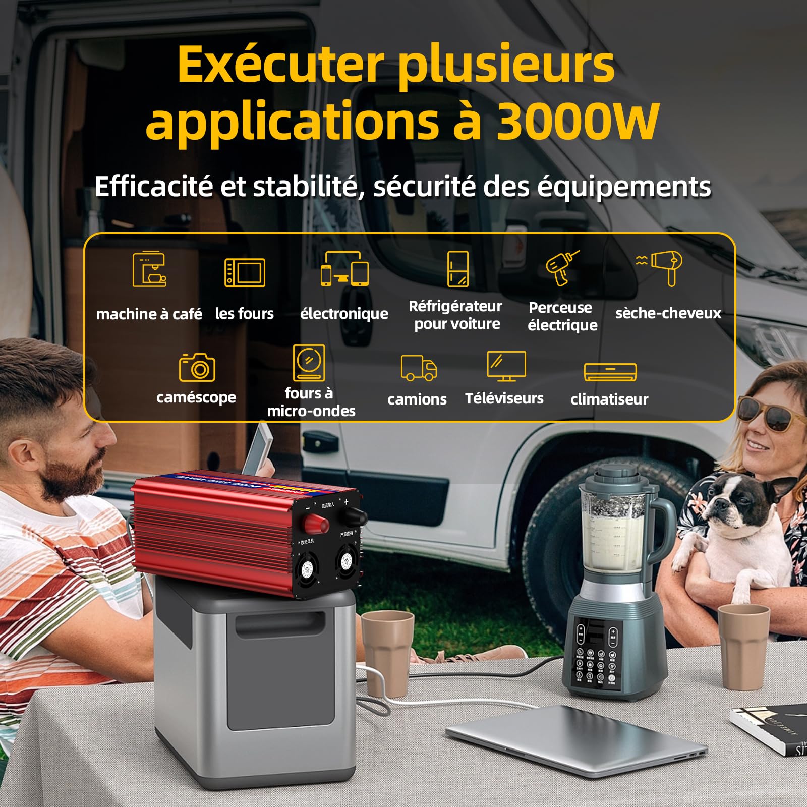 3000W convertisseur 12v 220v Pur Sinus, transformateur 12v 220v avec écran LCD, 2 Prises UE