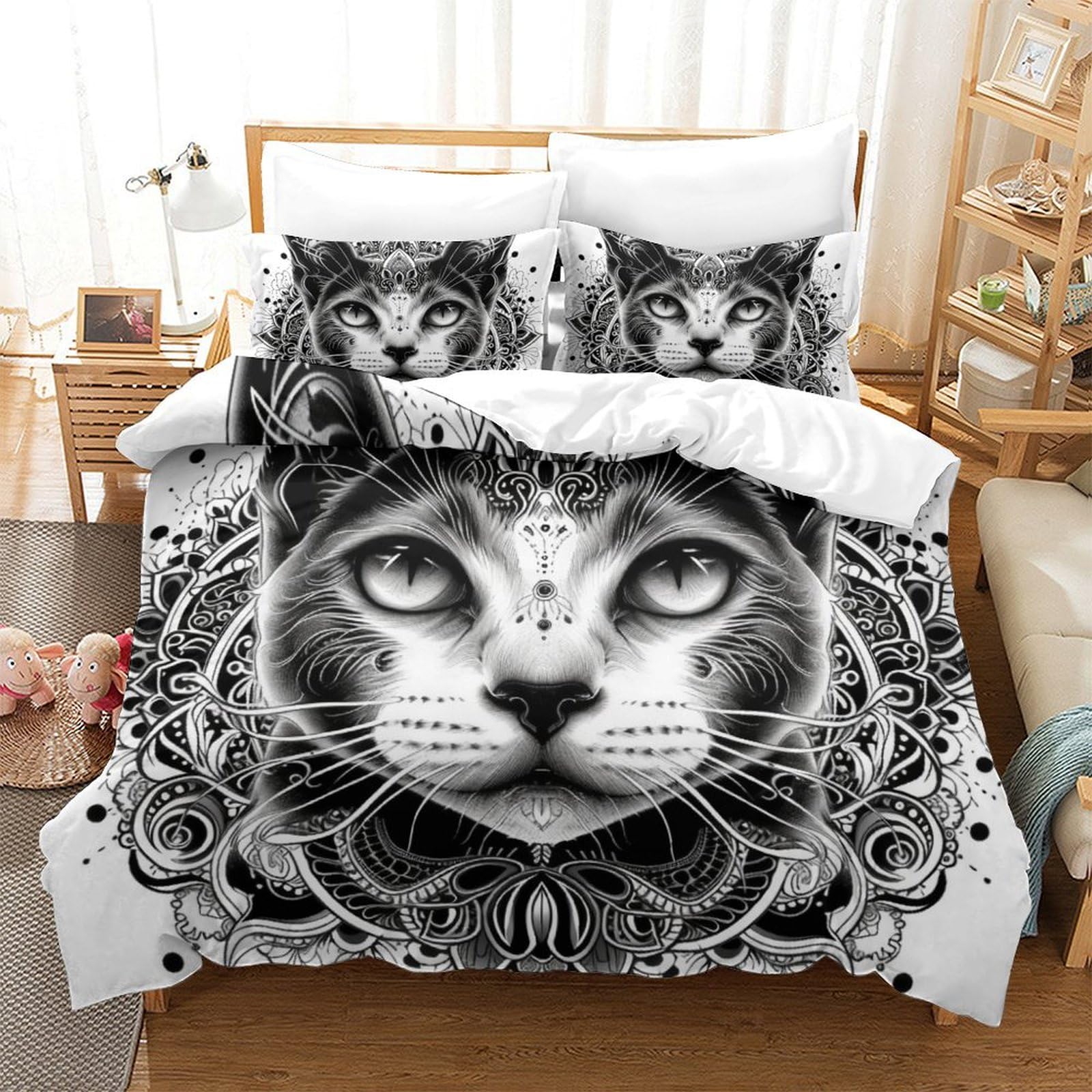 Housse de couette 260x220 chat imprimé 3D avec taies d'oreiller en microfibre pour lit king