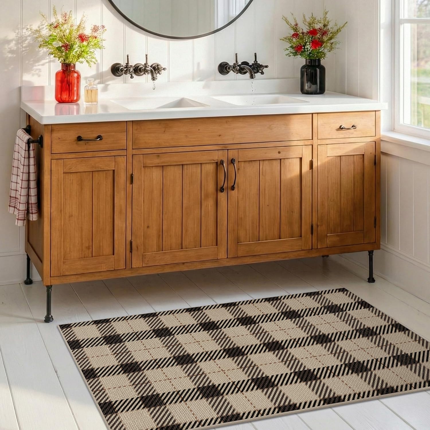 2x4 Entryway Runner Rug, Front Door Runner Indoor Entrance, Washable Checkered Bathroom Rug Non Slip, Non Shedding Jute Black and Tan Buffalo Plaid Door Mat