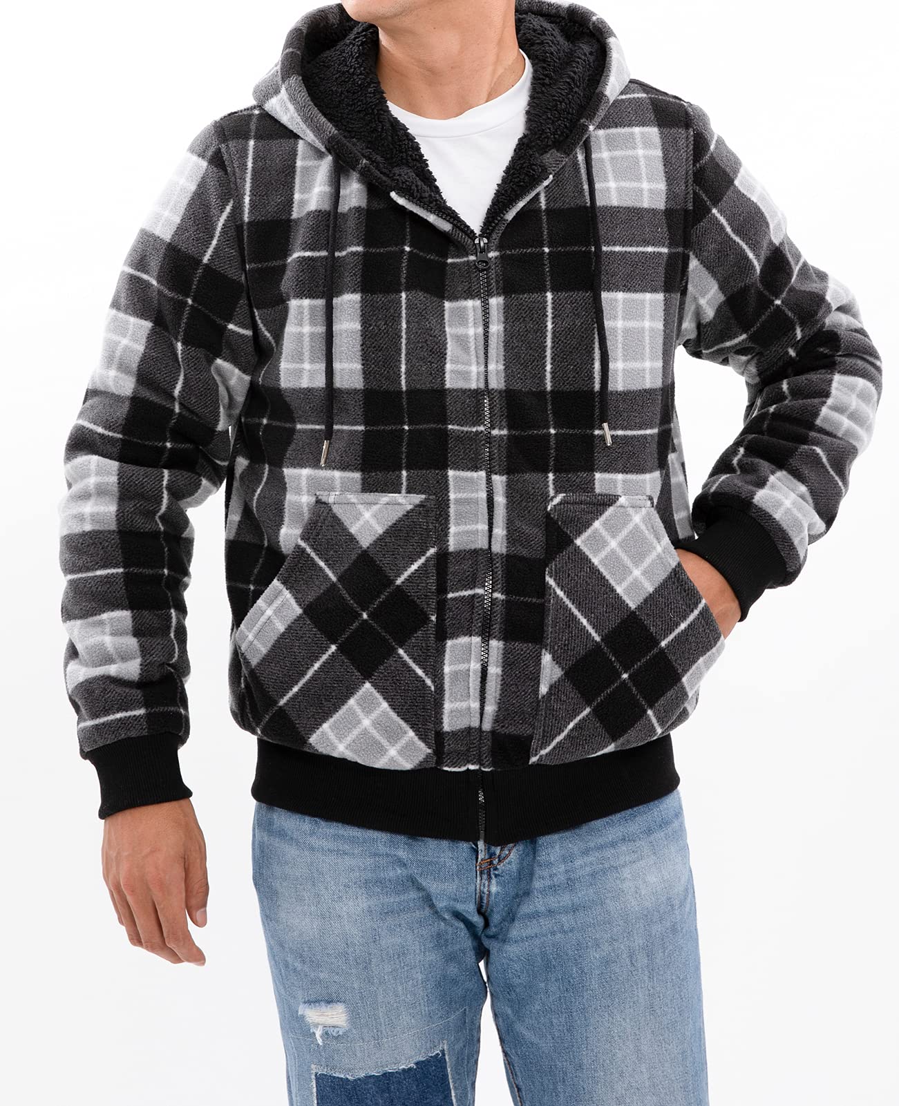 Męska bluza z kapturem z podszewką Sherpa z pełnym zamkiem błyskawicznym dla mężczyzn, bluza z kapturem kurtka (podszewka Sherpa), Czarny/Szary, XL