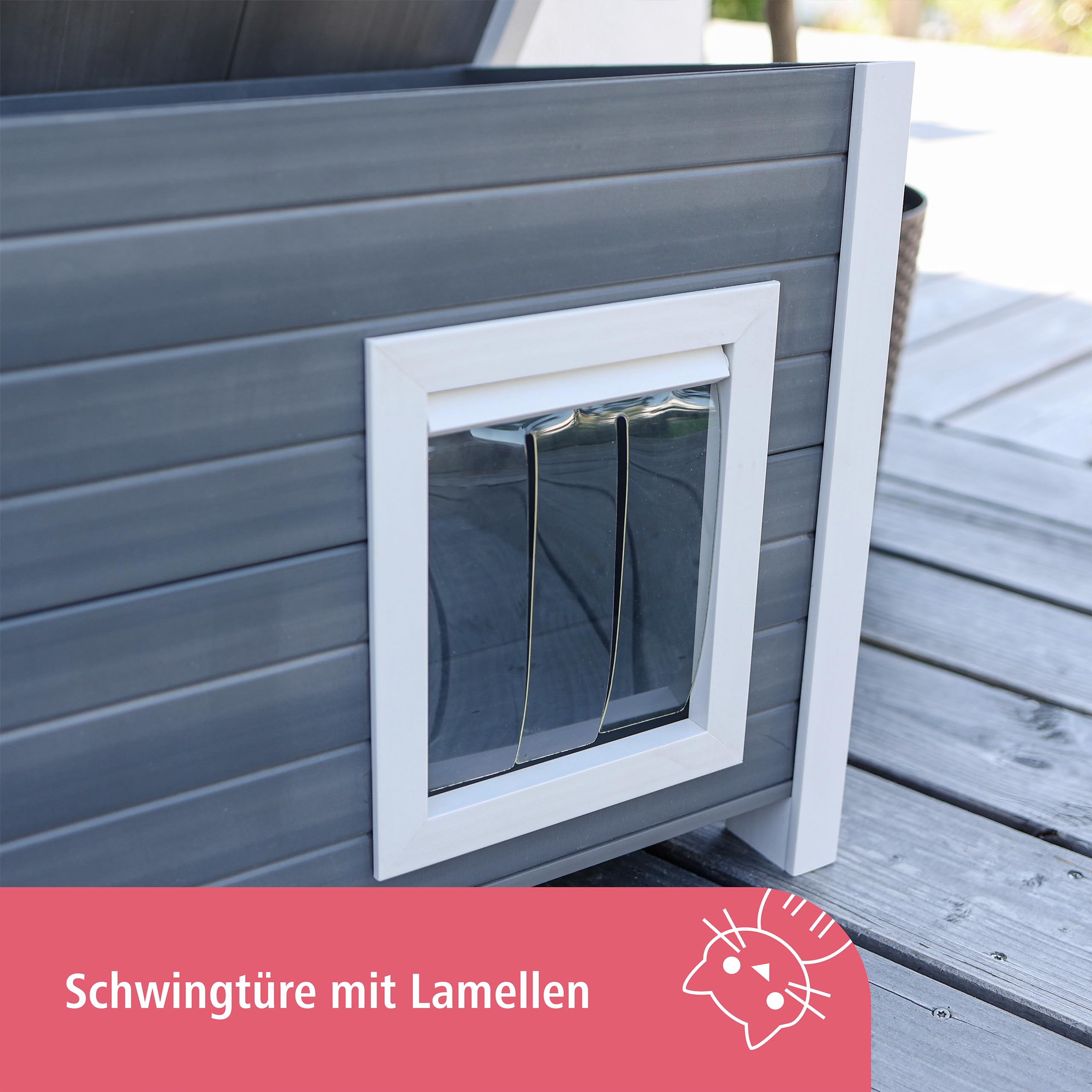 Kerbl Pet Katzenhaus Eli | Grau/Weiß, 57 × 45 × 43 cm, wetterfestes Haus aus recyceltem Kunststoff und Holz, einfach zu montieren