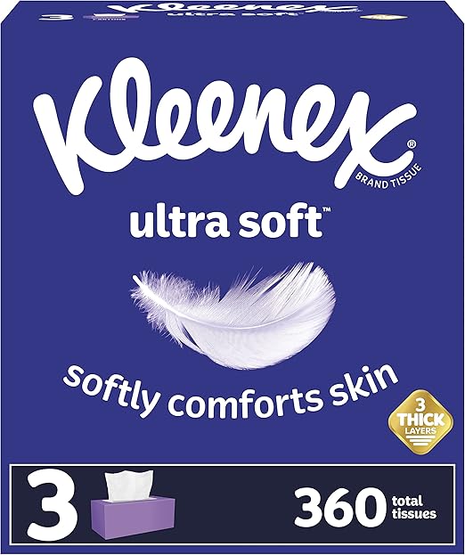 Kleenex Ultra Soft Facial Tissues, 3Ply, Hypoallergenic, 3 Flat Boxes
