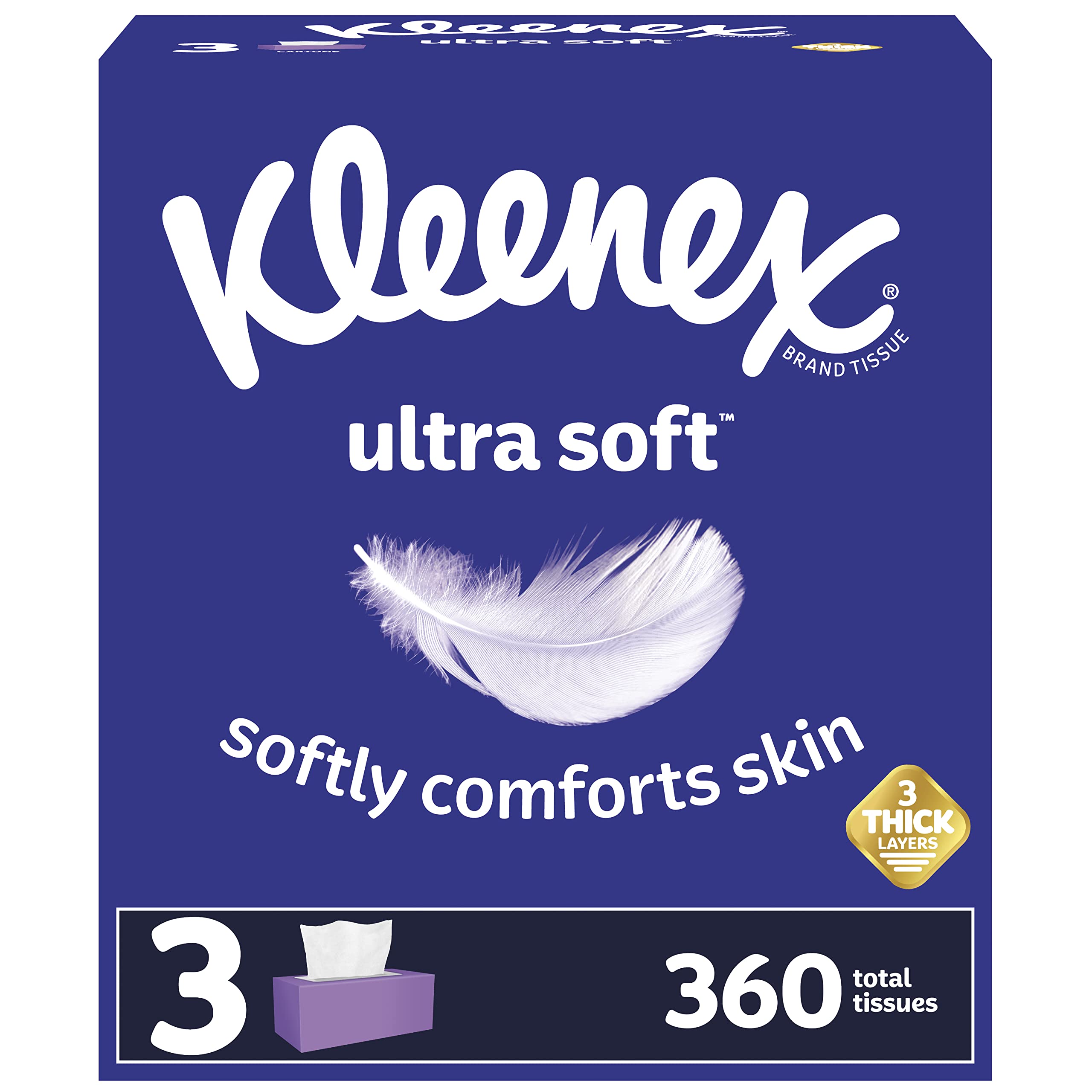 Kleenex Ultra Soft Facial Tissues, Soft Facial Tissue, 3 Flat Boxes, 120 Tissues per Box, 3-Ply (360 Total Tissues)
