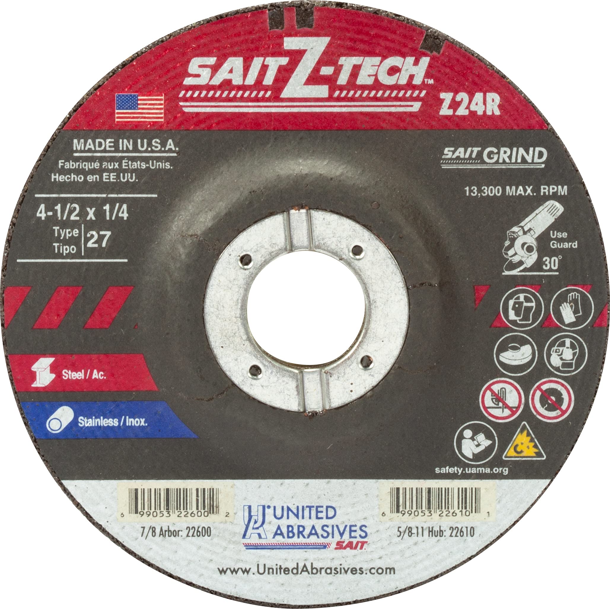 22600 4-1/2x1/4x7/8 Z-TECH Z24R High Performance No Hub Type 27 Zirconium Grinding Wheels, 25 Pack