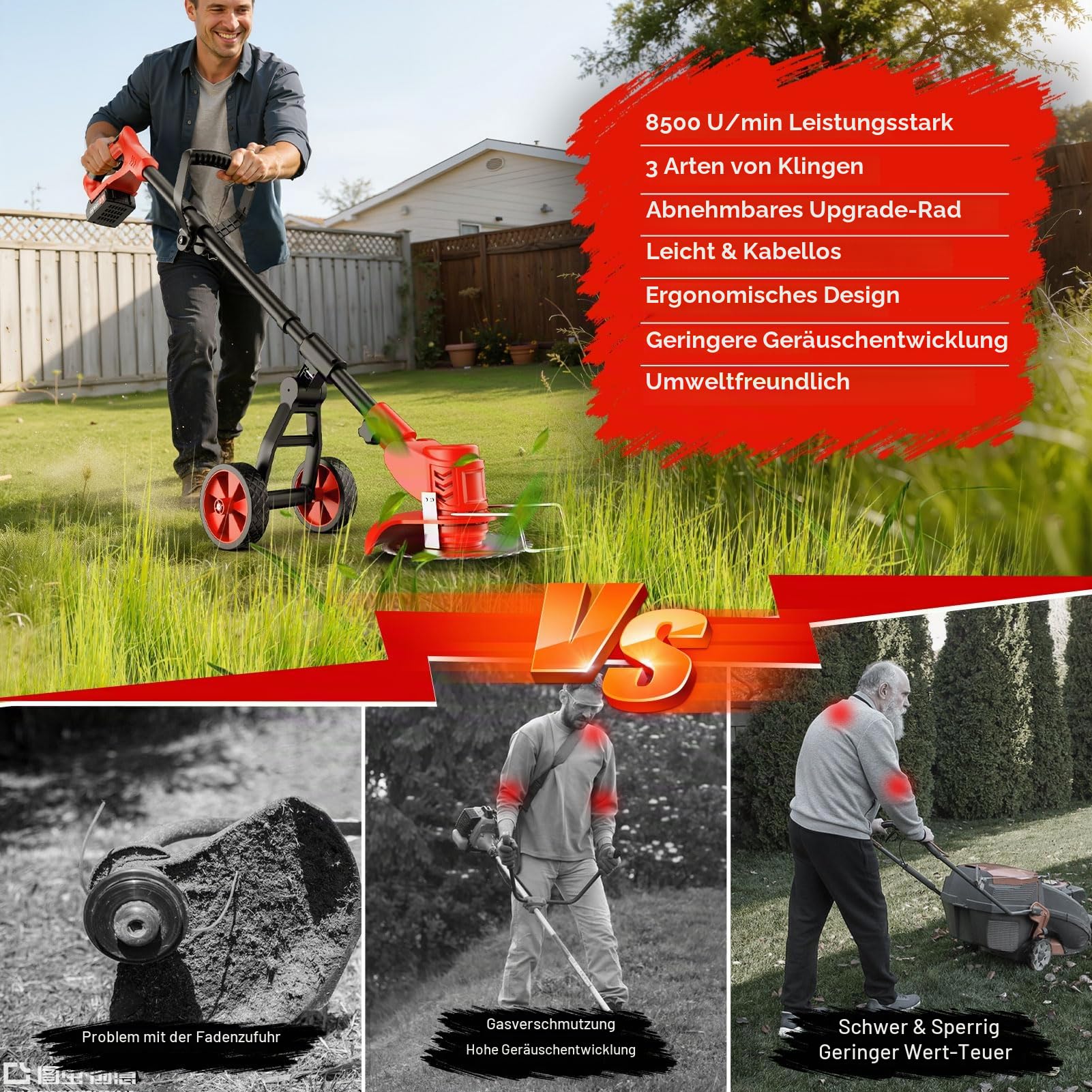 4 in 1 Rasentrimmer mit Akku,21V Rasenkantenschneider mit 2 × 2,0 Ah Batterie und Ladegerät,90°Drehkopf,Abnehmbaren Rädern,Freischneider mit 4 Klingentypen& Abnehmbaren Rädern für Gärten,Höfe,Rasen