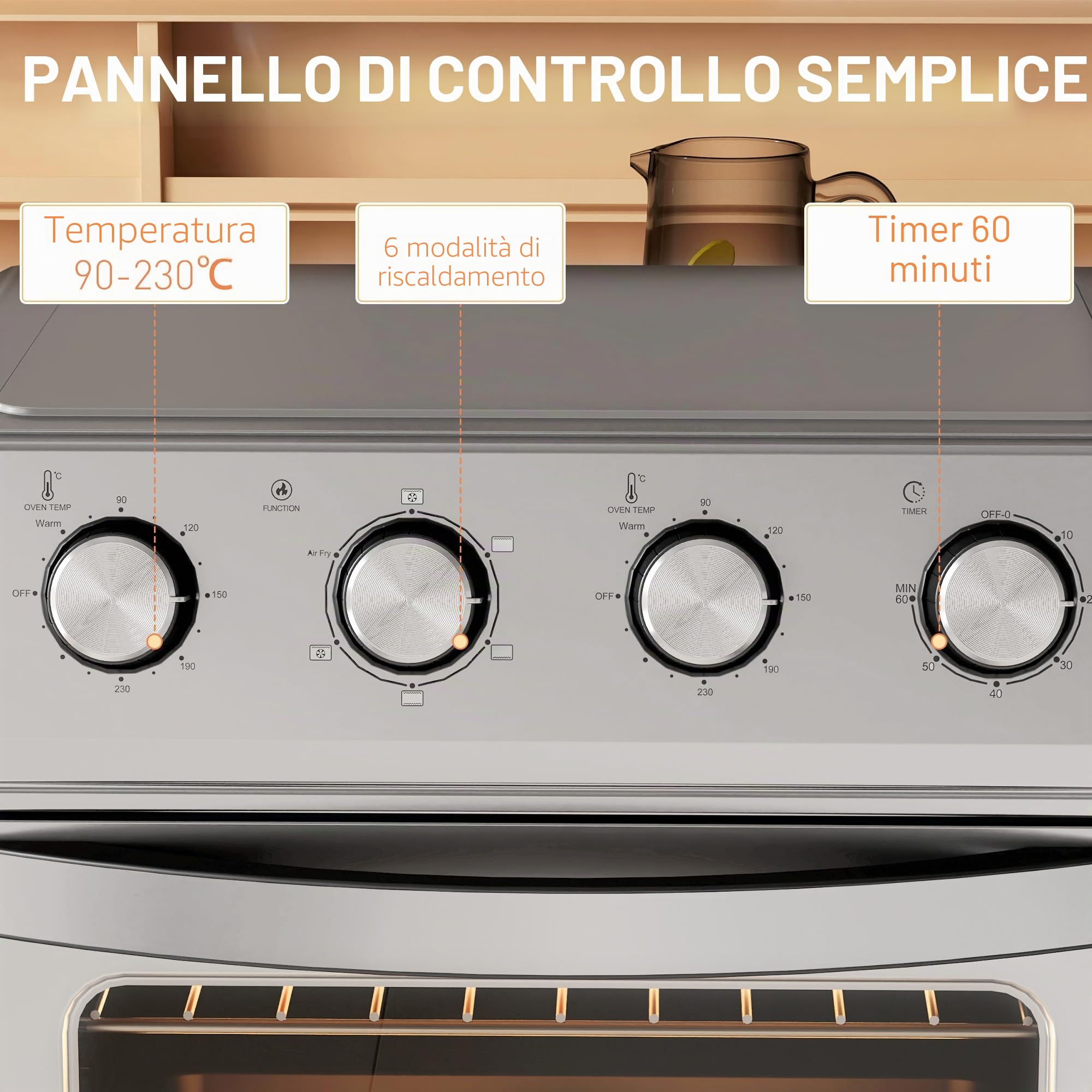 HOMCOM Mini forno a convezione 24 L 1600W 90-230℃ Forno ad aria calda con timer da 60 minuti, friggitrice ad aria calda con teglia e griglia, mini forno con illuminazione interna, argento