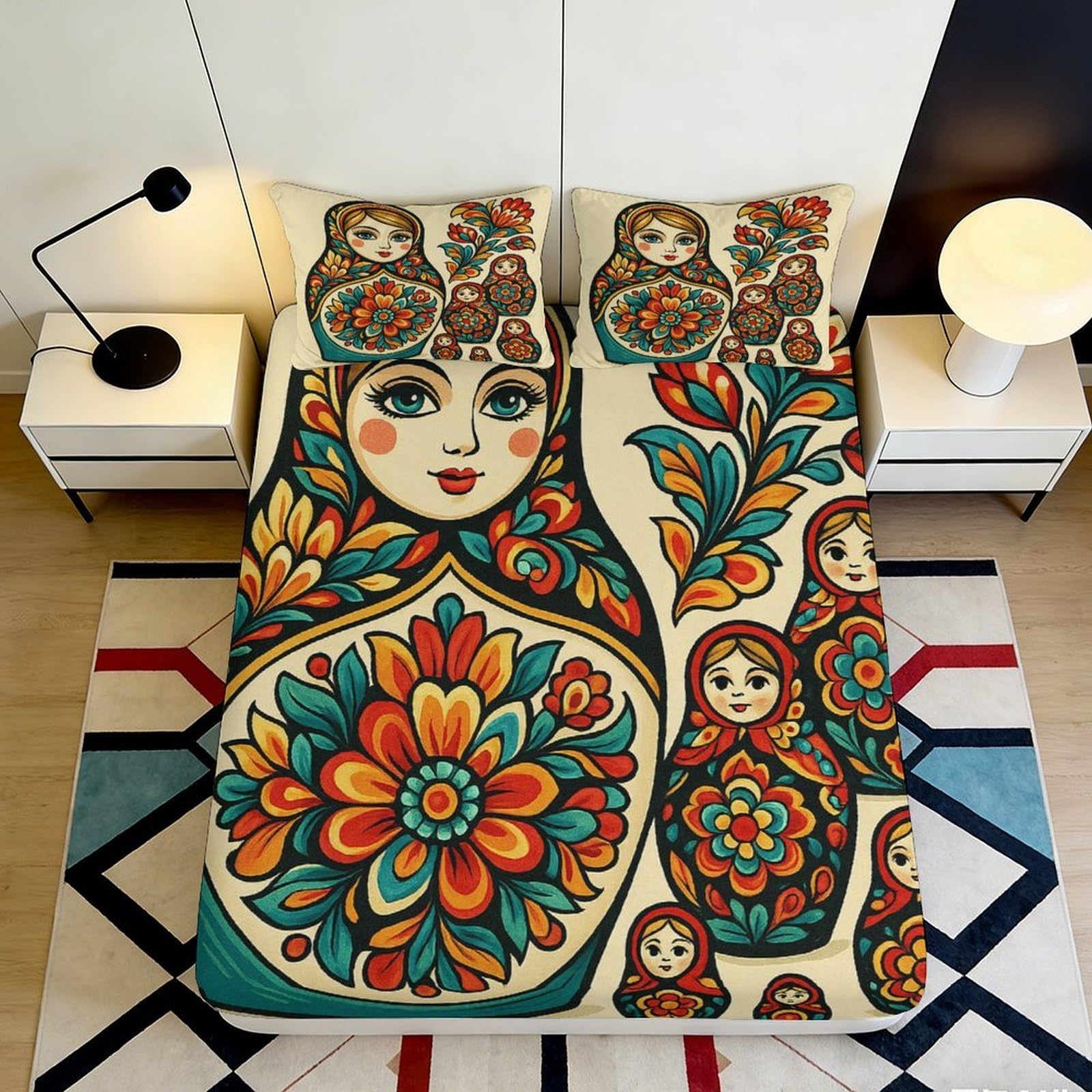 3D Printed Russian Doll Fitted Sheet Microfiber Soft Durable Floral Pattern Bed Cover for Bedroom Dormitory Guest Room Mattress Protection 200x200x25cm
