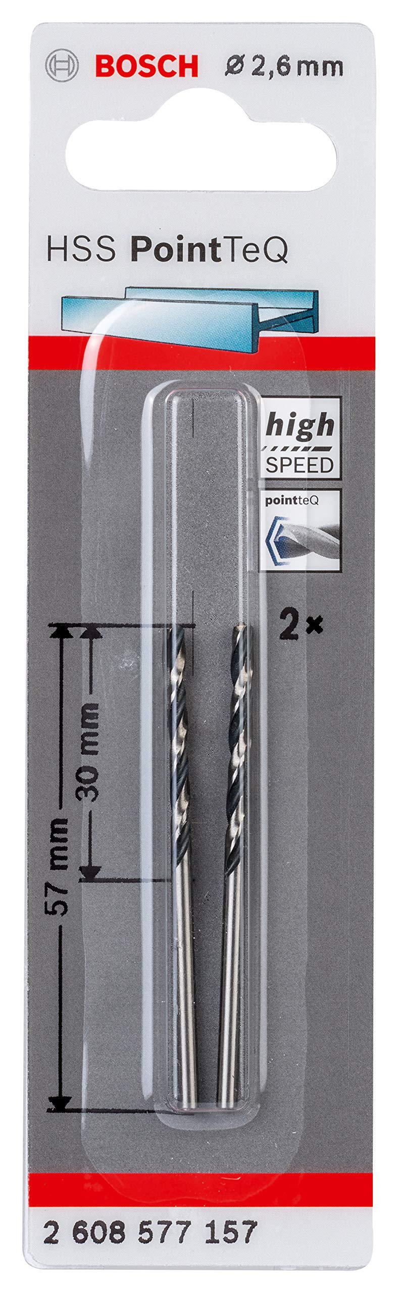 Bosch Professional 2 Stück HSS Spiralbohrer PointTeQ (für Metall, 2,6 x 30 x 57 mm, Zubehör Bohrschrauber)