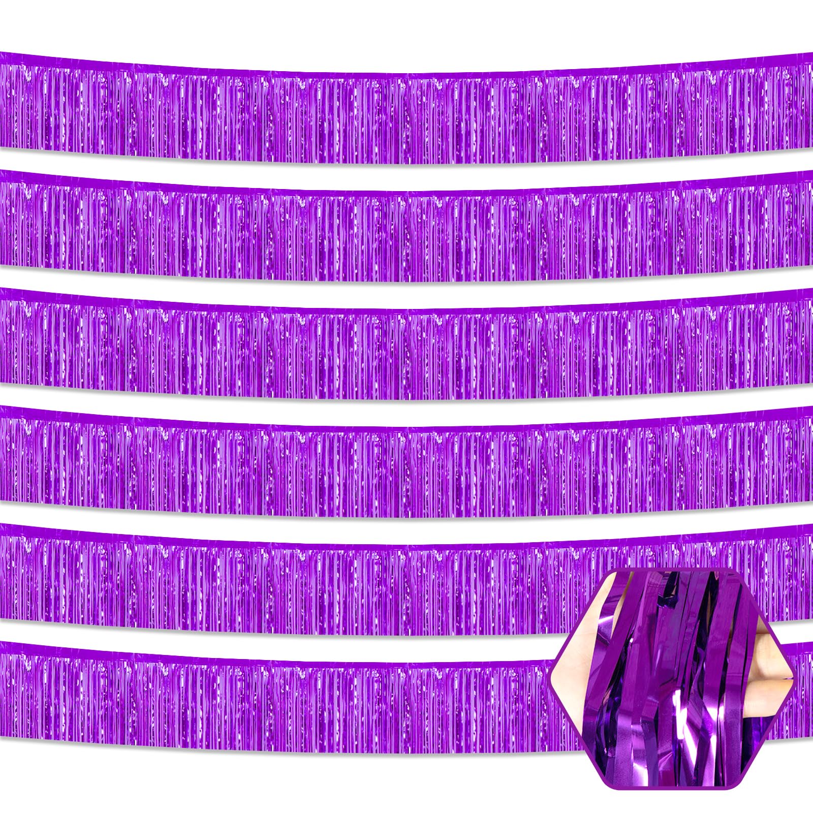 6 Pack 10 Feet Purple Foil Fringe Garland Metallic Tinsel Streamers Banner Wall Hanging Curtain Backdrop for Parade Floats, Birthday, Graduate, Mother's Day, Wedding Party Decoration
