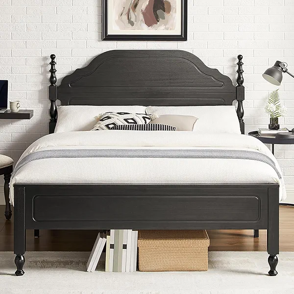 Wood Queen Size Bed Frame with Wooden 50" Tall Headboard, Heavy Duty 12 Solid Wood Slats Support, Rubber Wood Platform Bed Frame with Large Under Bed Storage, No Box Spring Needed, Rustic Black