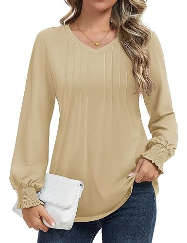 YUCOLEN Womens Long Sleeve Shirt V Neck T Shirts Pleated