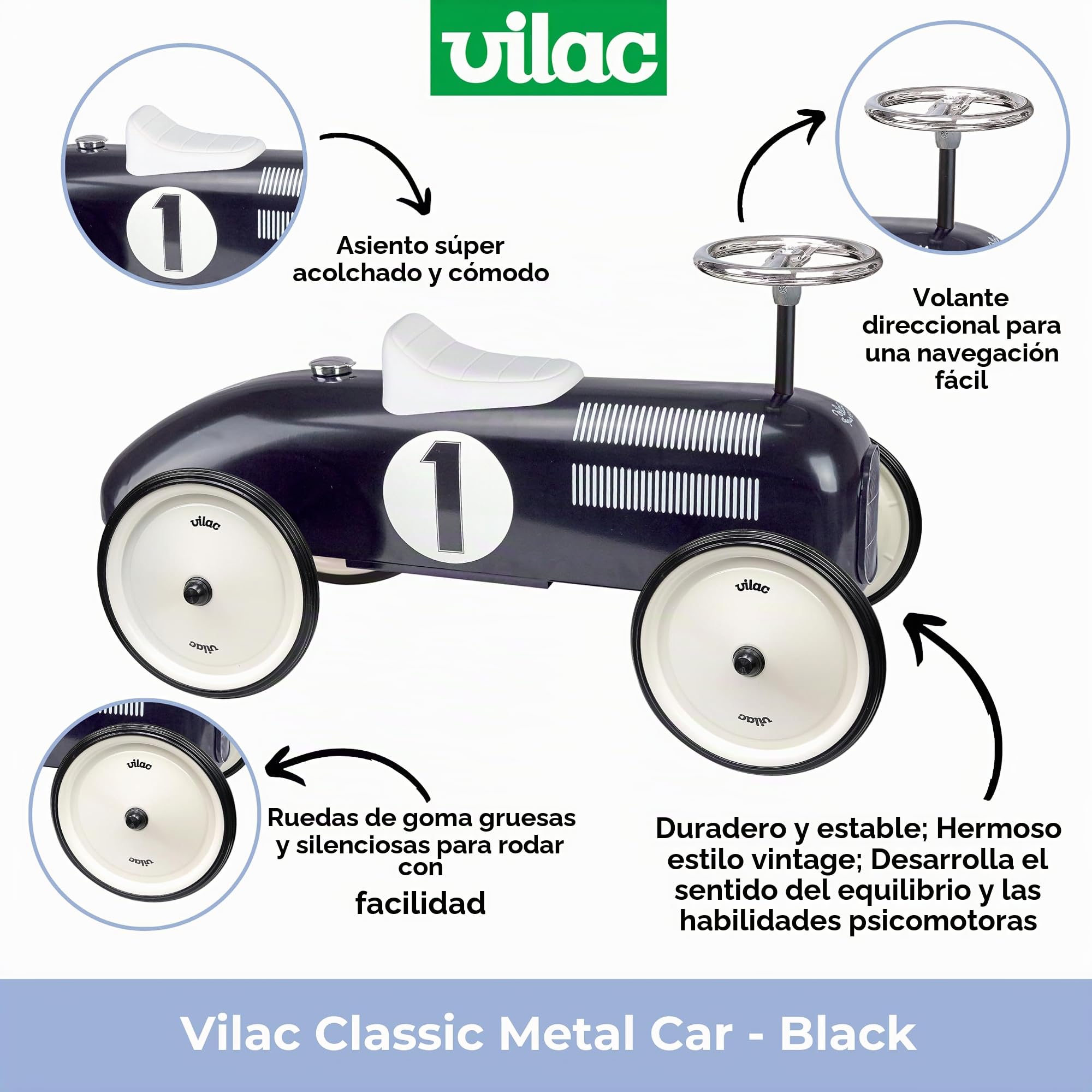 Vilac - Portabebés - Mi coche de carreras vintage de metal negro - Desarrolla las habilidades motoras de tu hijo - Vehículo metálico - Vehículo infantil - A partir de 18 meses - 1121, azul