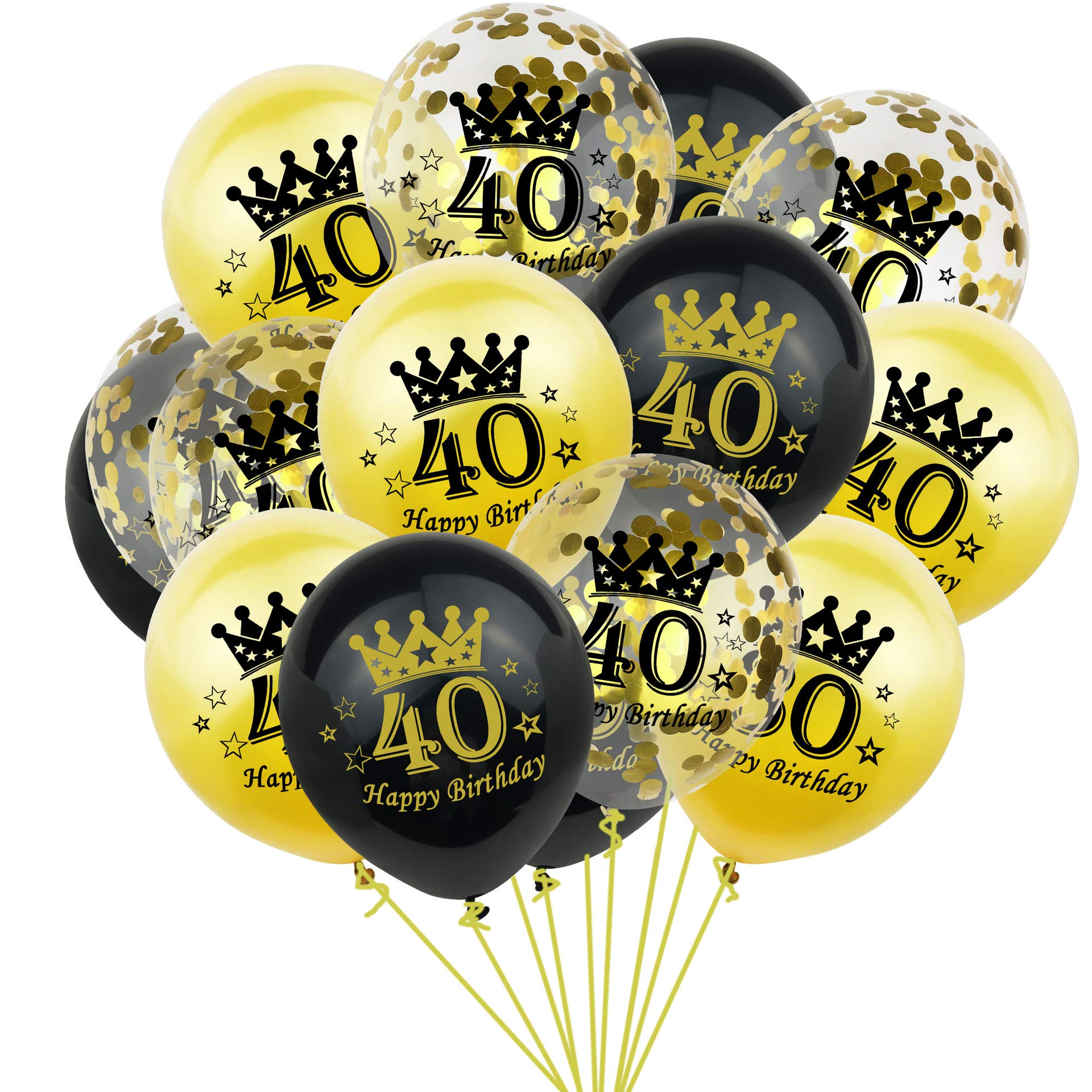 40th Birthday Balloons Set for 40 Happy Birthday Decoration – 15Pcs Black and Gold 40th Birthday Latex & Confetti Balloons - Fortieth Birthday Party Decor for Men and Women