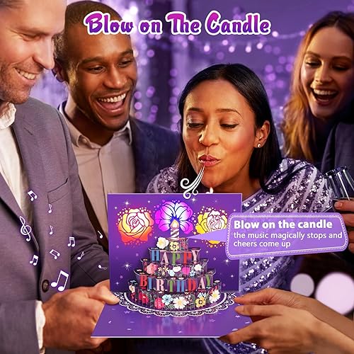Miniatura 3 de Tarjetas de cumpleaños, tarjetas de cumpleaños musicales desplegables con luz, vela de luz LED soplada y reproduce música de feliz cumpleaños,