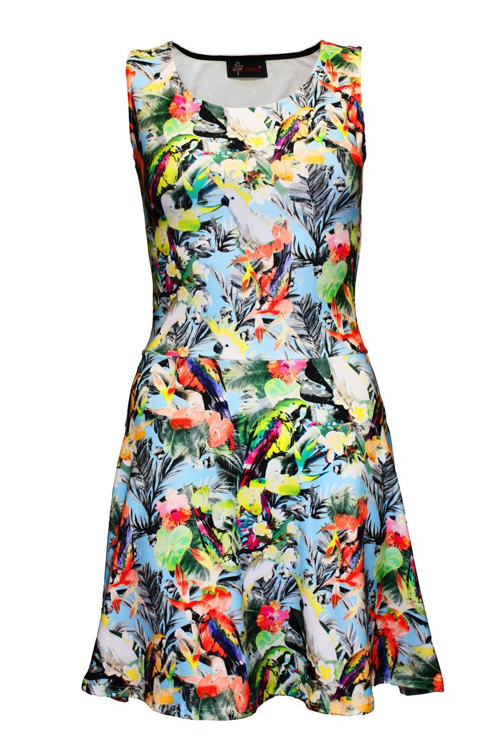 Insanity Clothing Exotic Tropical Birds Parrots Hawaii Print Sleeveless Skater Dress (M/L)