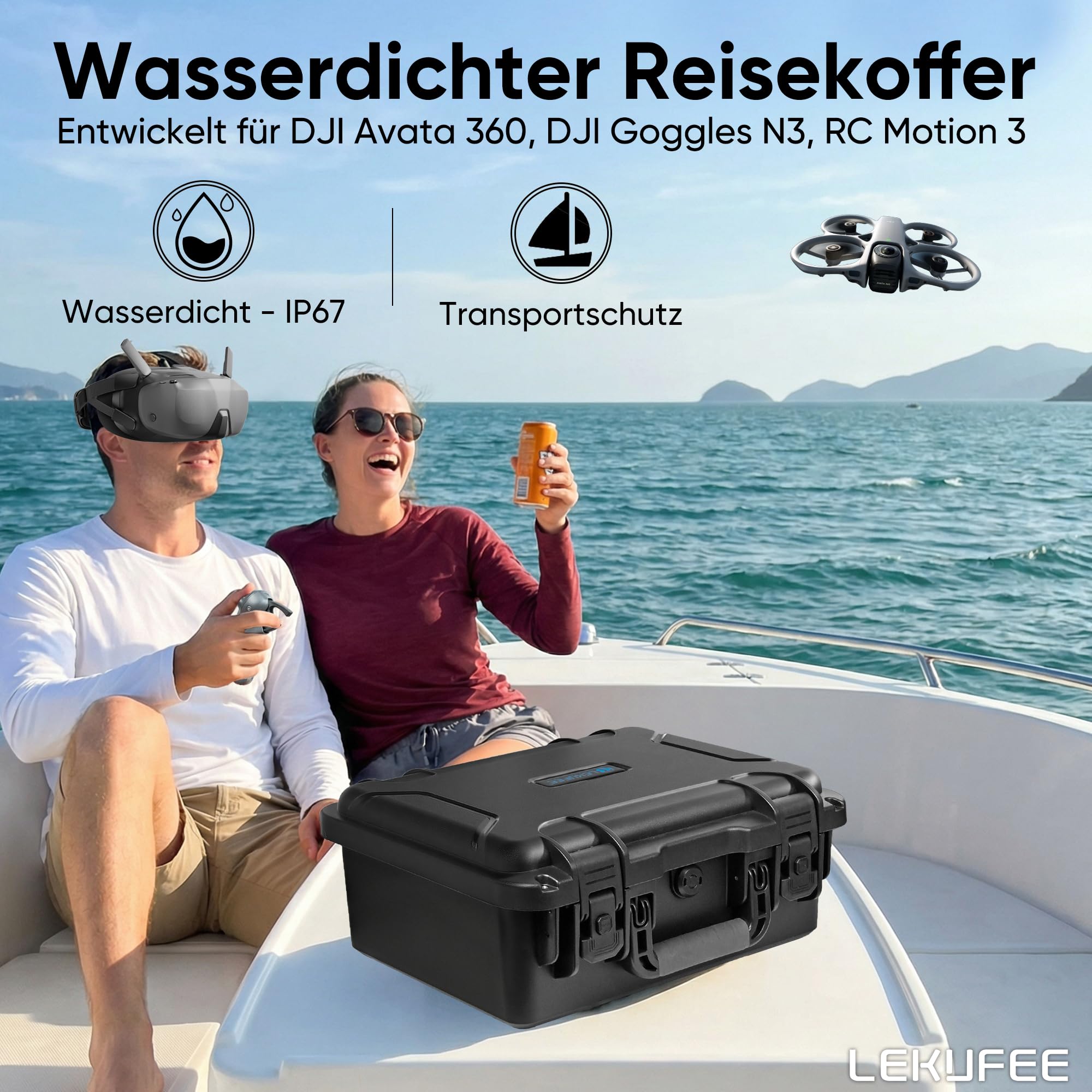 LEKUFEE Wasserdichter Hartschalen-Tragekoffer für DJI Avata 360 Drohne, Motion Fly More Combo, 5 Akkus, Goggles N3/3, RC Motion 3, DJI RC 2/RC N3/N2, FPV Controller 3 und Zubehör (nur Koffer)