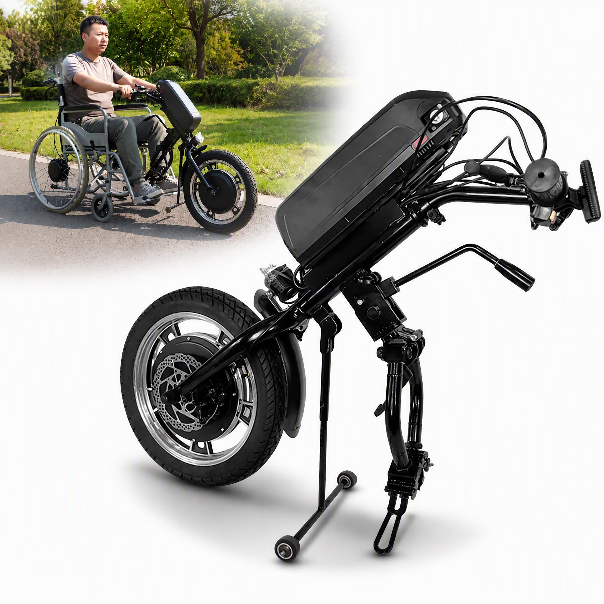 Kit di conversione per Carrozzina elettrica con handbike motorizzata, Ruota da 16 Pollici, Freno a Disco, Display LCD e Batteria Rimovibile Ideale per Esterni ad Uso dei Senior