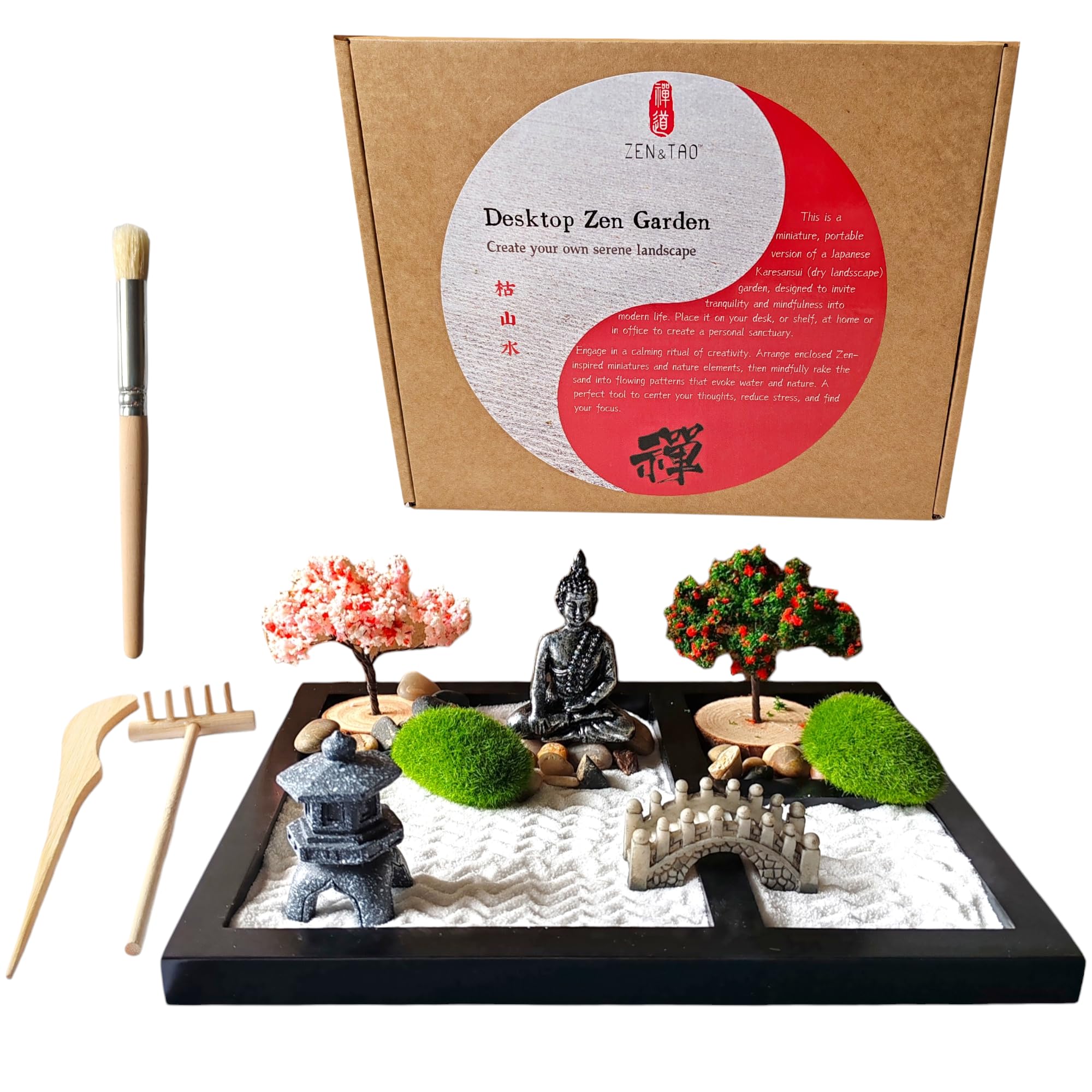 Japanese Zen Garden Kit, Black Tray with Two Trees, Two Mosses, Buhhda Statue, Bridge, Stones and Sand Toolset, 2024 New Upgrades, for Meditation, Relaxation and Gifting.