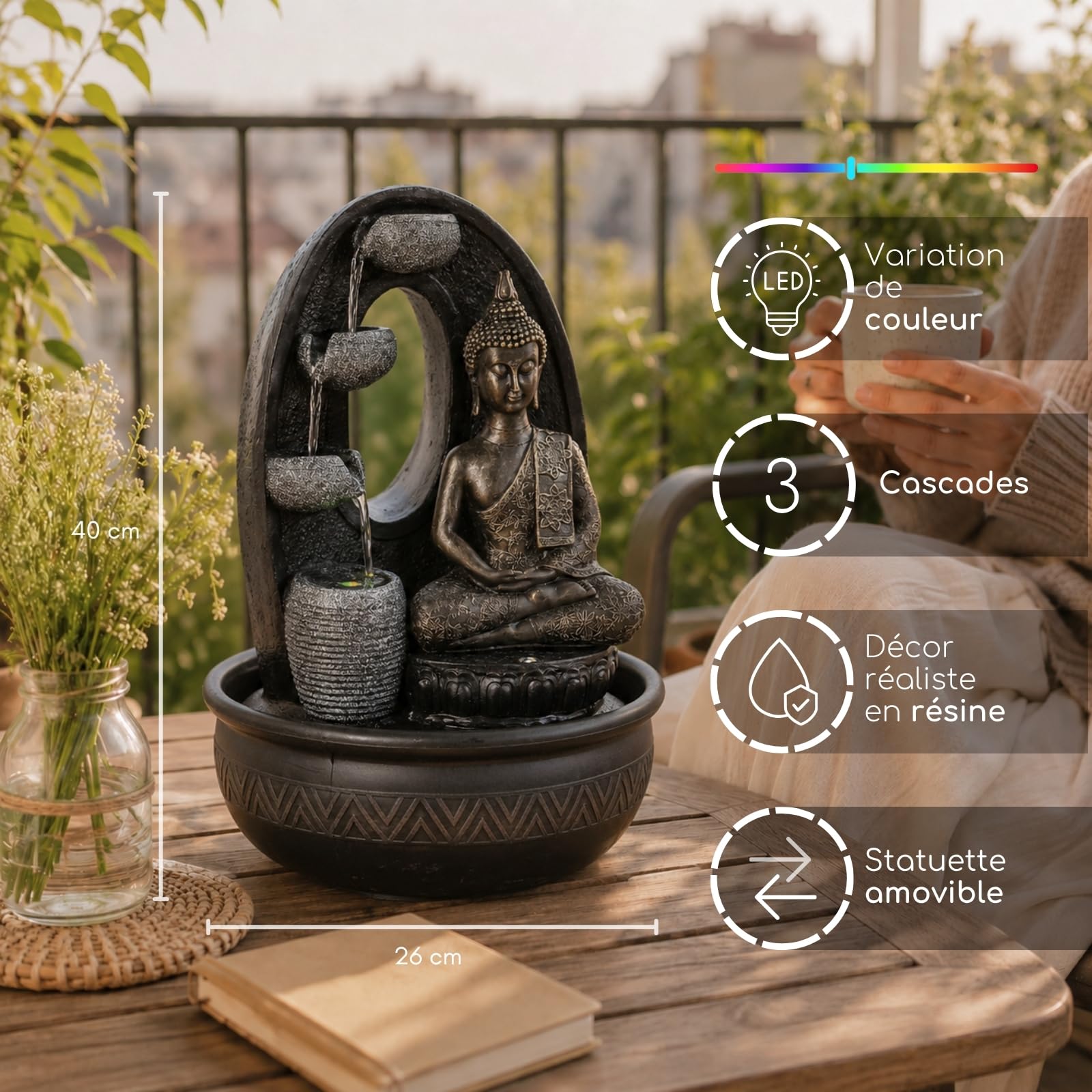 Fontaine d’Intérieur Bouddha Harmonie – Fontaine à Eau avec 2 Éclairages LED Colorés – Pompe Silencieuse – Statuette Amovible – Idée Cadeau pour Ambiance Zen et Relaxante – Hauteur : 40cm – Zen’Light