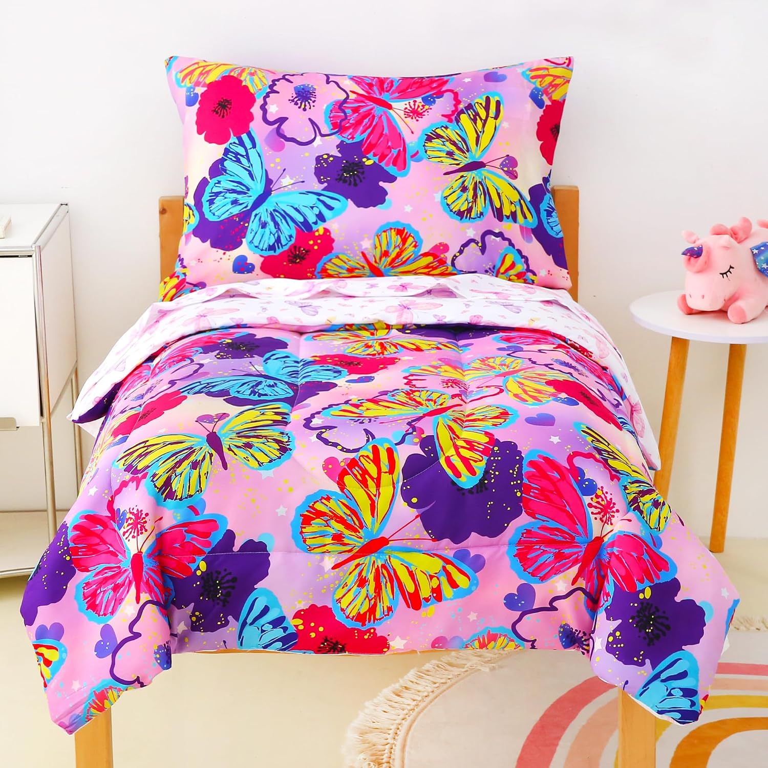  Toddler Bedding Sets for Girls,4 Pieces Butterfly Flowers Printed