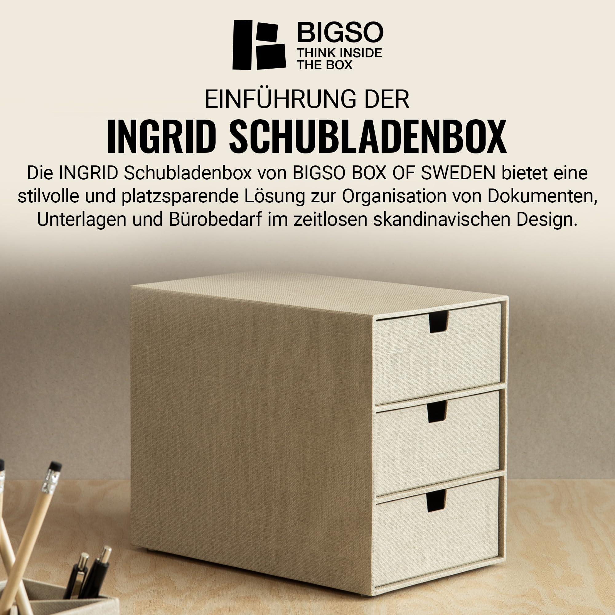 BIGSO INGRID Schubladenbox für Dokumente und Bürobedarf – Schreibtisch Organizer mit 3 Schubladen – Ablagesystem aus Faserplatte und Papier in Leinenoptik – beige